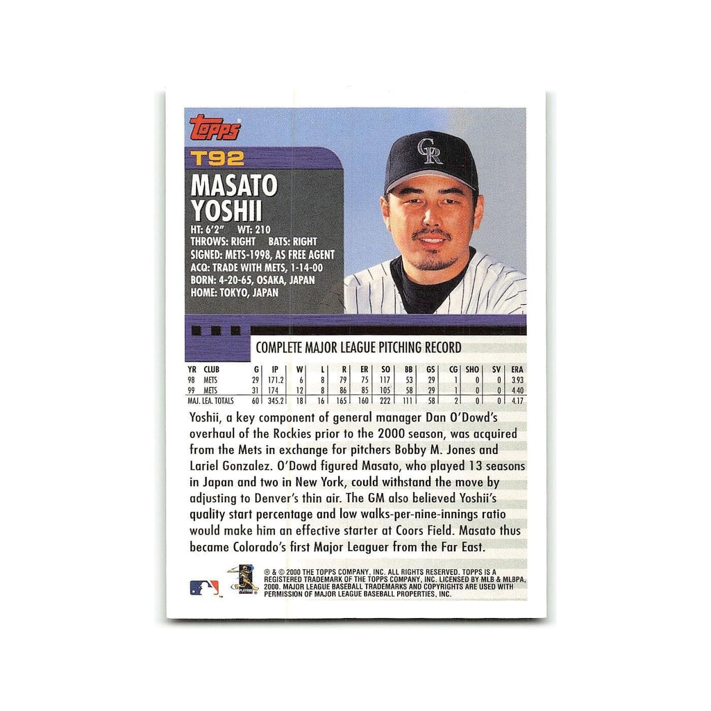 Masato Yoshii 2000 Topps Traded #T92 Colorado Rockies Baseball Card NM