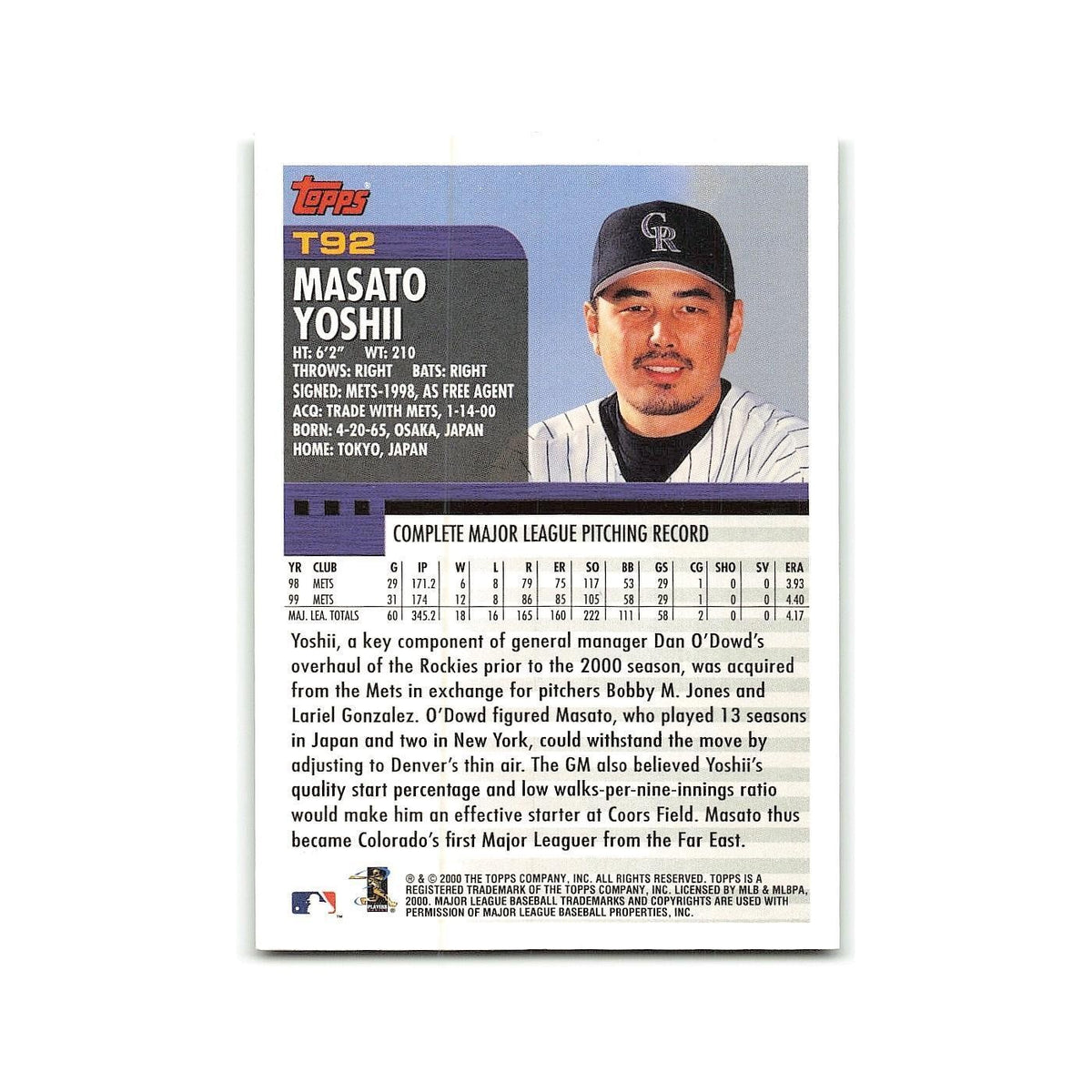 Masato Yoshii 2000 Topps Traded #T92 Colorado Rockies Baseball Card NM