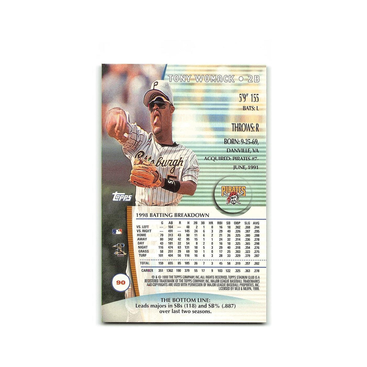 Tony Womack 1999 Topps Stadium Club #90 Pittsburgh Pirates Baseball Card NM