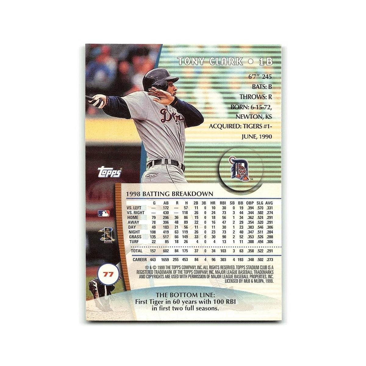 Tony Clark 1999 Topps Stadium Club #6 Detroit Tigers Baseball Card NM