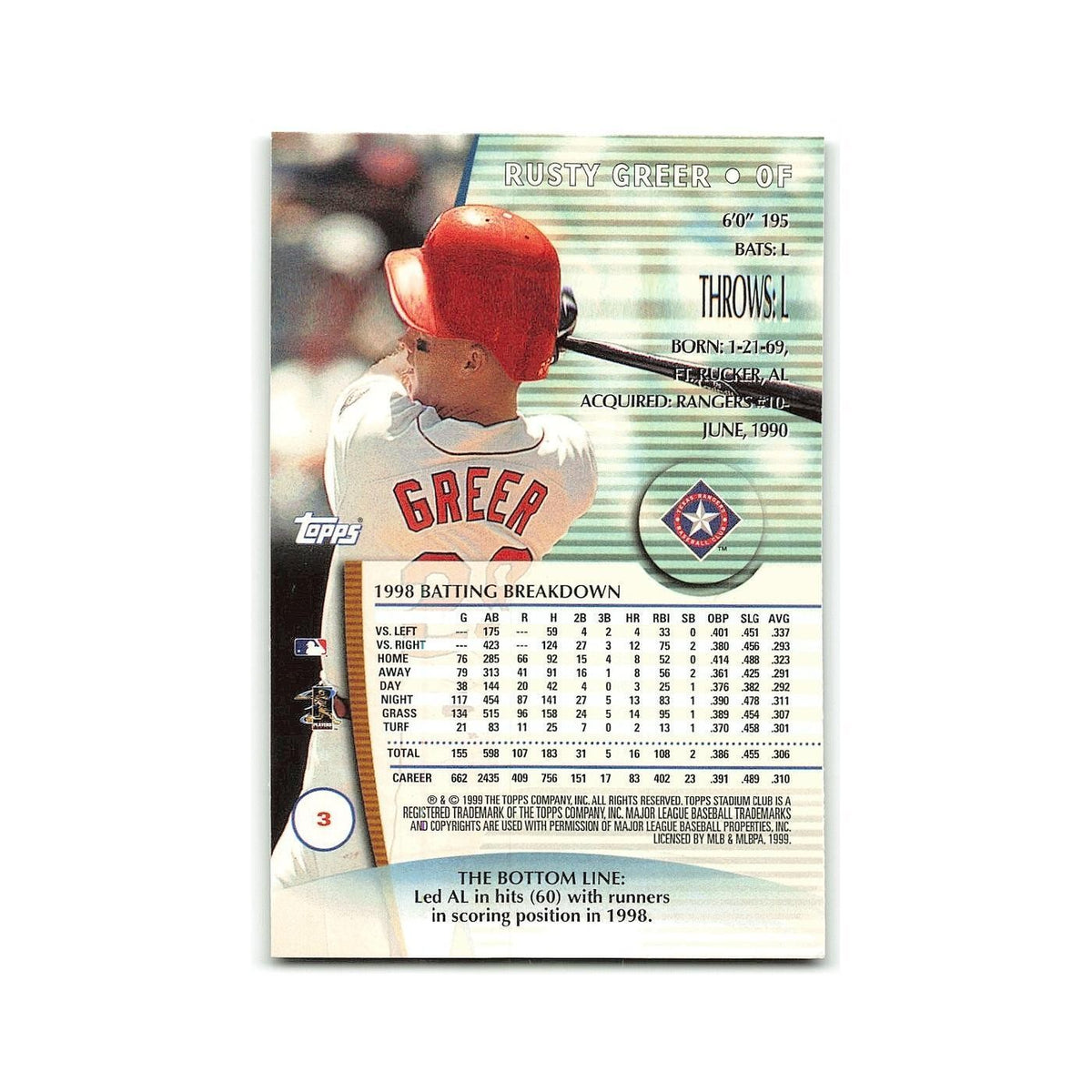 Rusty Greer 1999 Topps Stadium Club #6 Texas Rangers Baseball Card NM