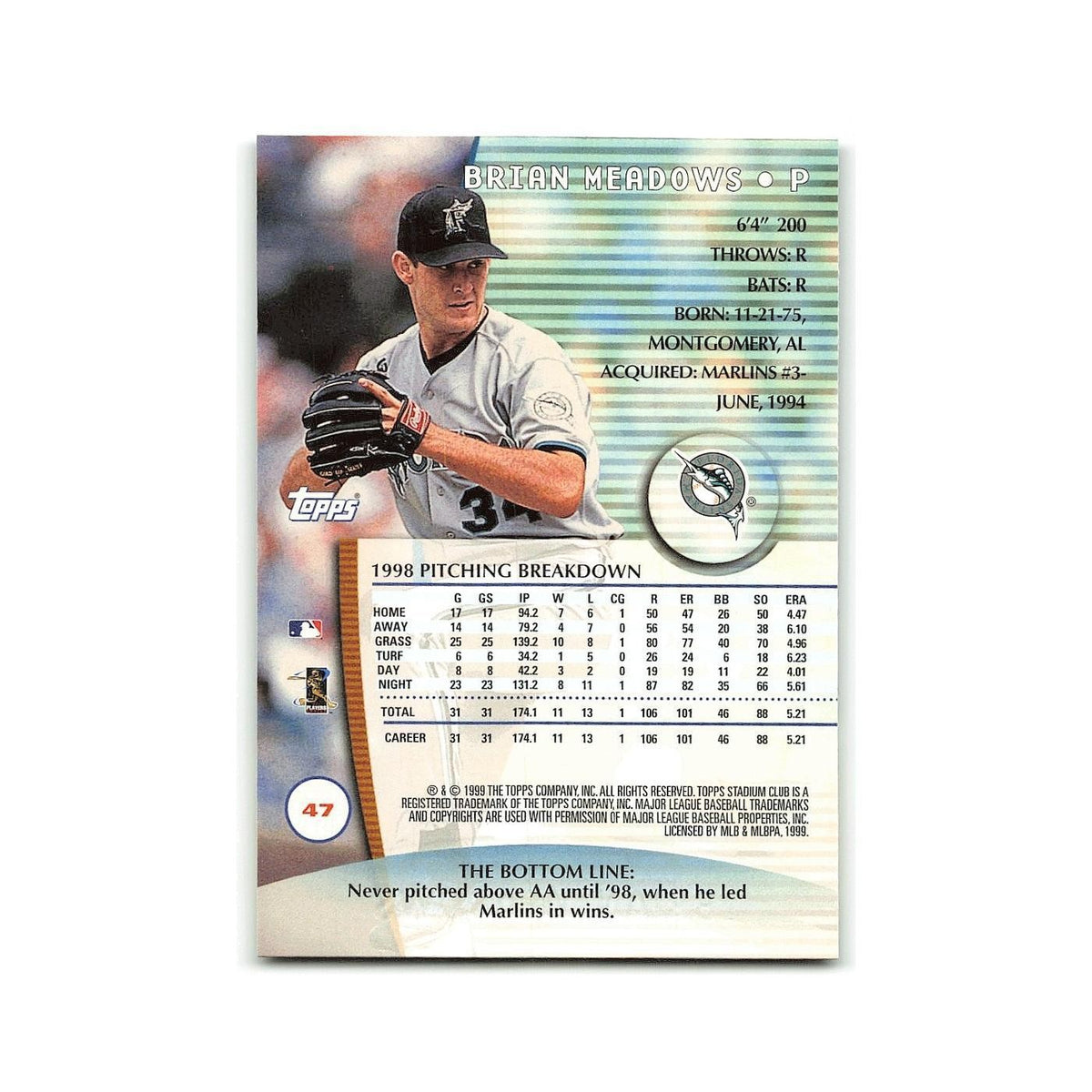 Brian Meadows 1999 Topps Stadium Club #47 Florida Marlins Baseball Card NM