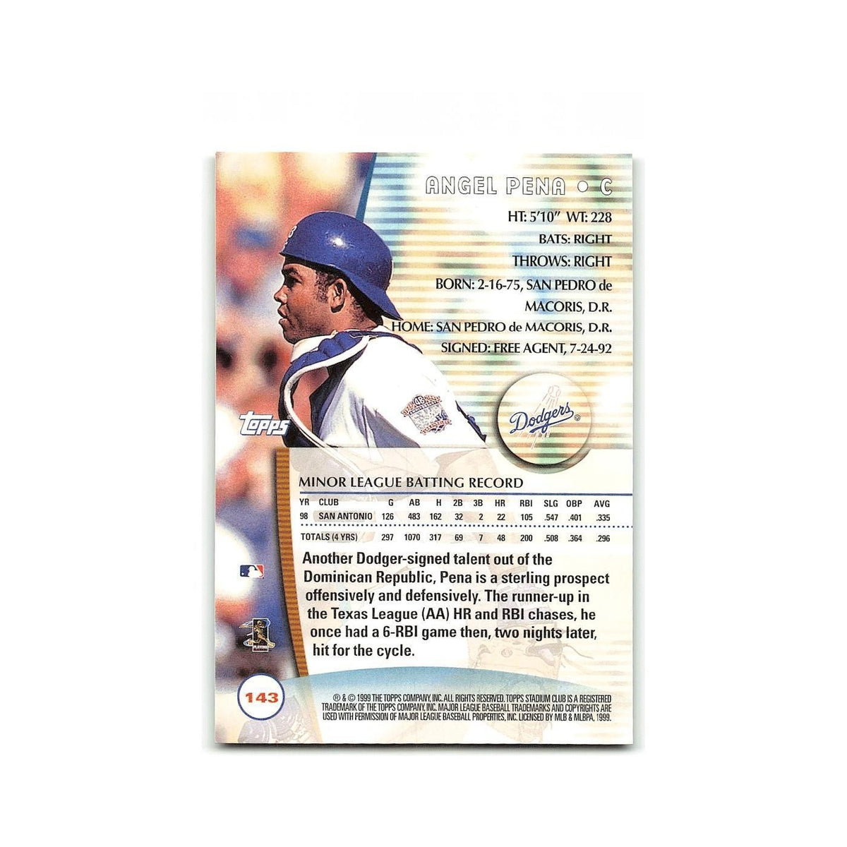 Angel Pena 1999 Topps Stadium Club #143 Los Angeles Dodgers Baseball Card NM