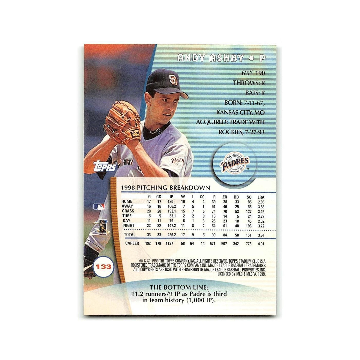 Andy Ashby 1999 Topps Stadium Club #133 San Diego Padres Baseball Card NM