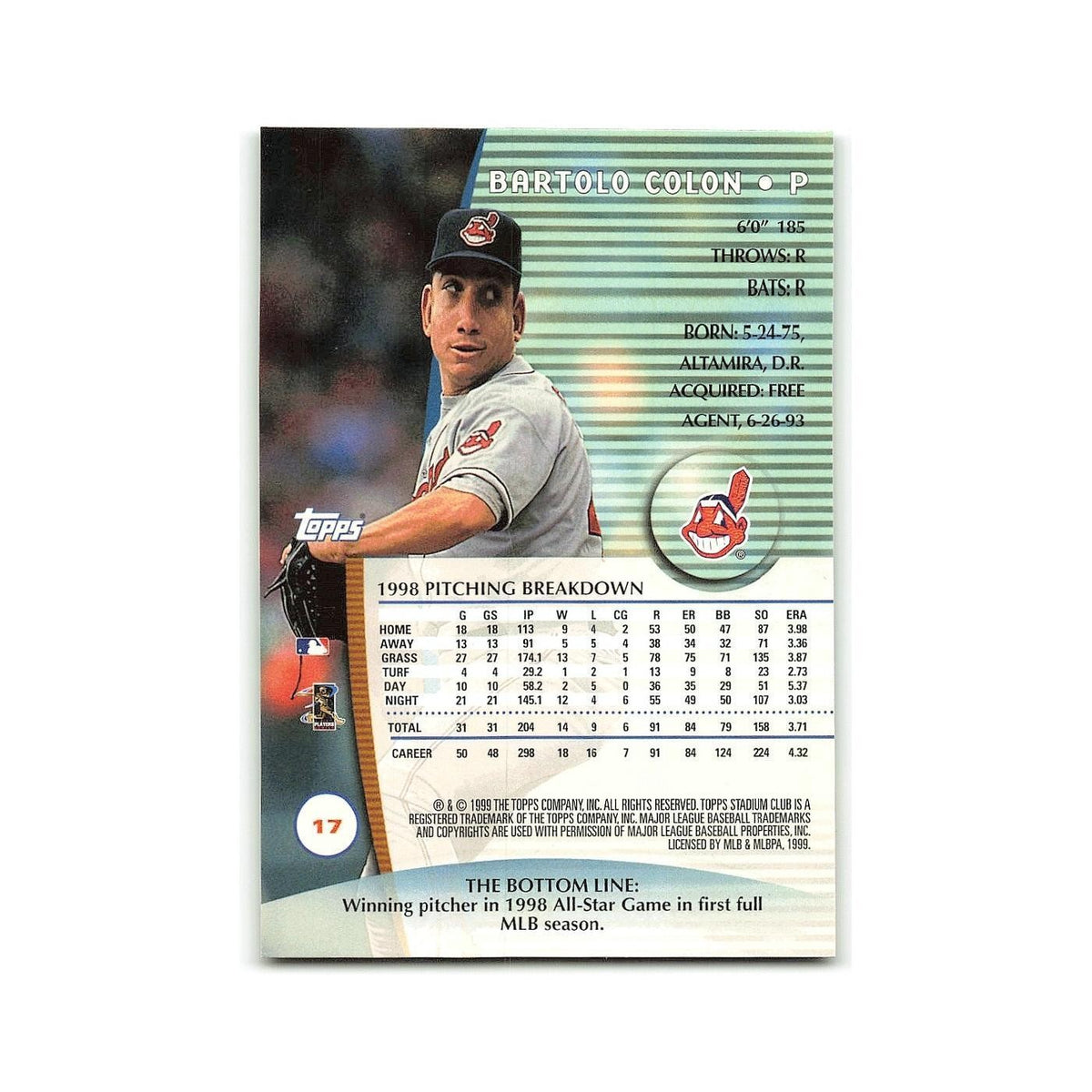 Bartolo Colon 1999 Topps Stadium Club #17 Cleveland Indians Baseball Card NM