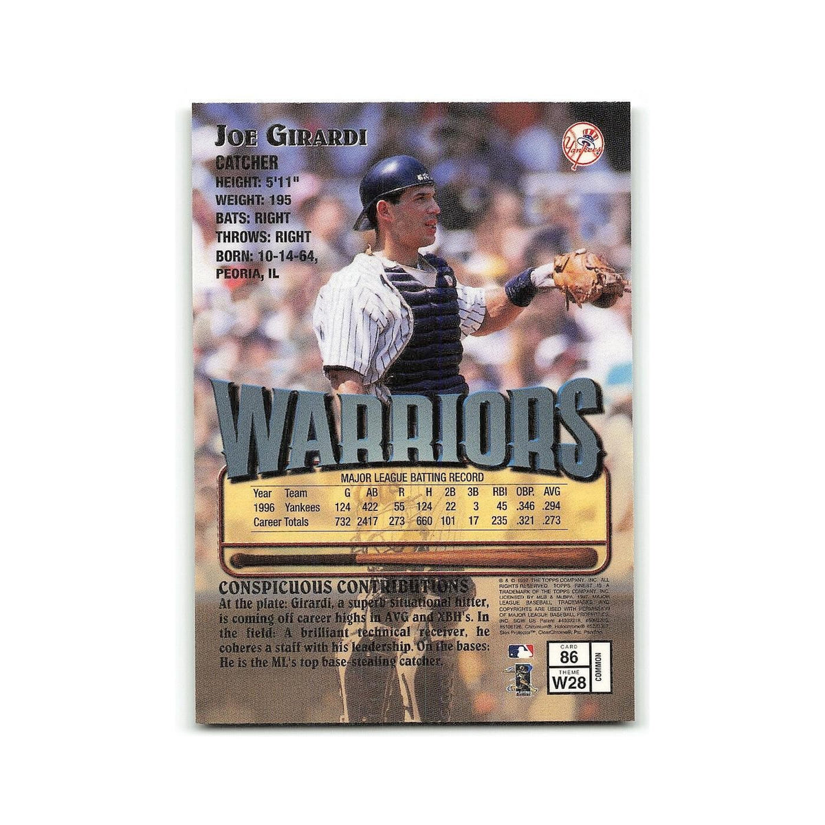 Joe Girardi 1997 Topps Finest w Coating #86 Colorado Rockies Baseball Card NM