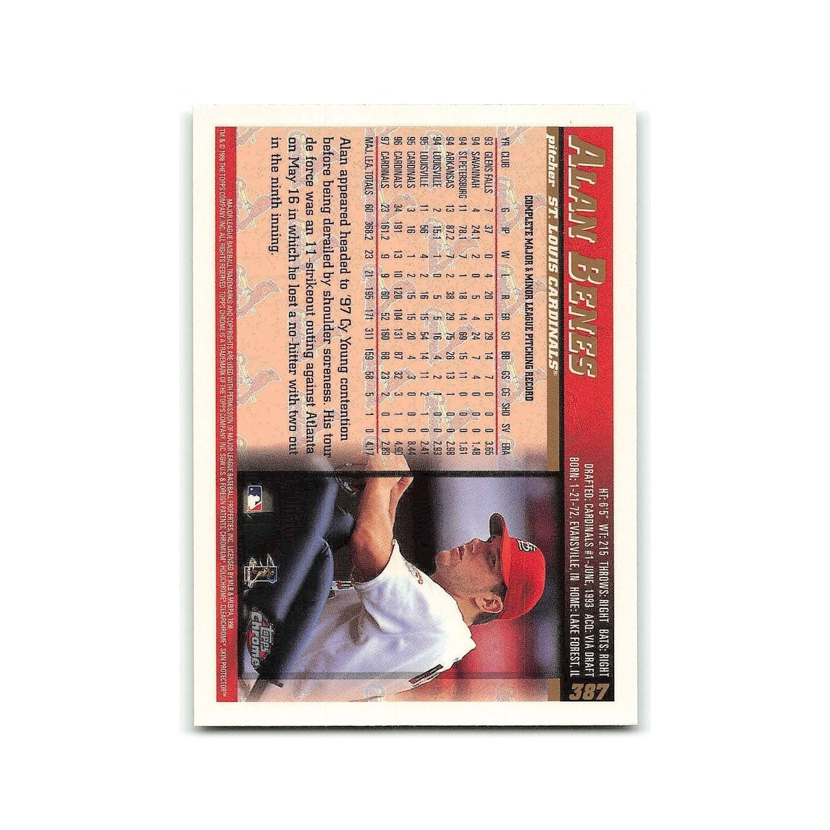 Alan Benes 1998 Topps Chrome #387 St. Louis Cardinals Baseball Card NM