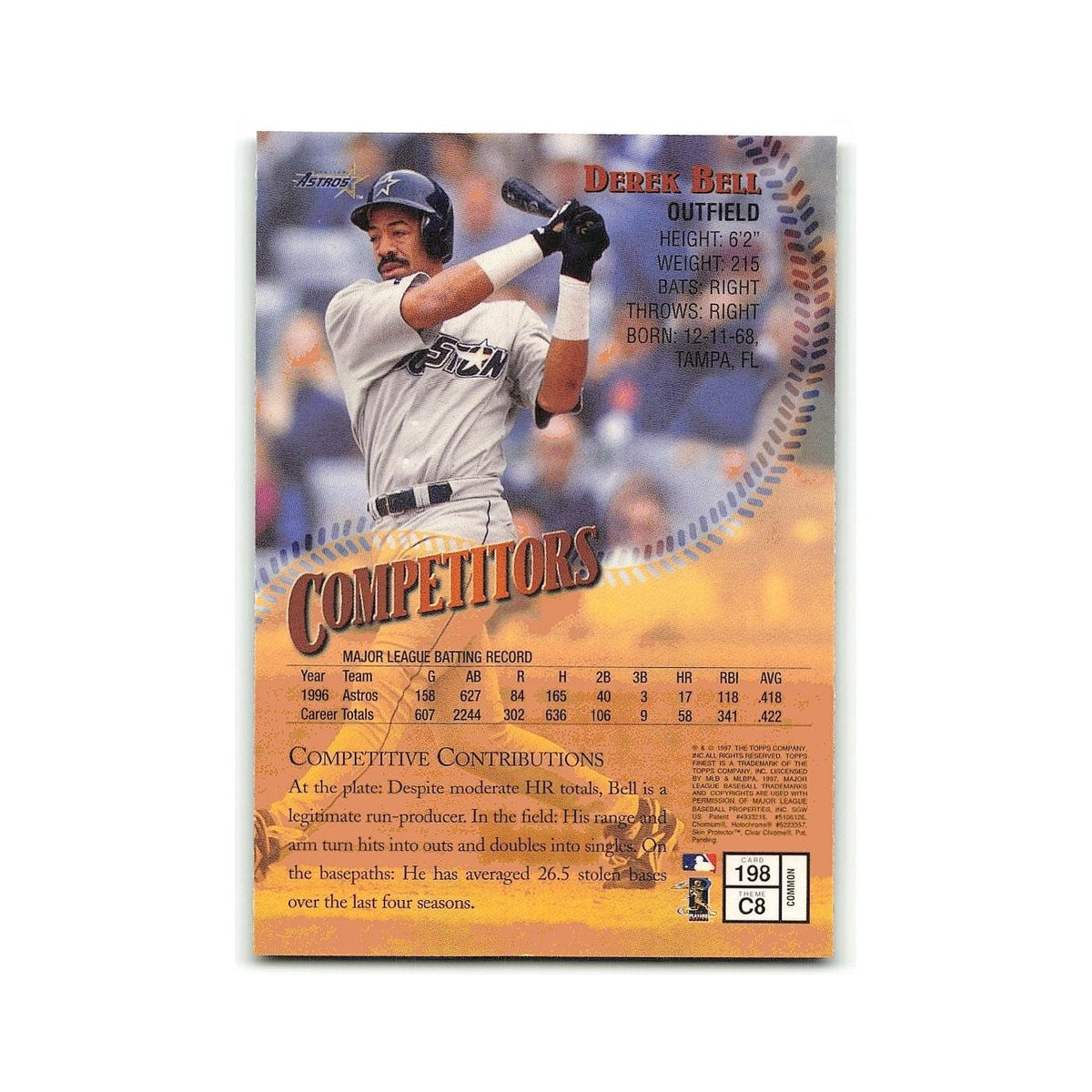 Derek Bell 1997 Topps Finest w Coating #198 Houston Astros Baseball Card NM