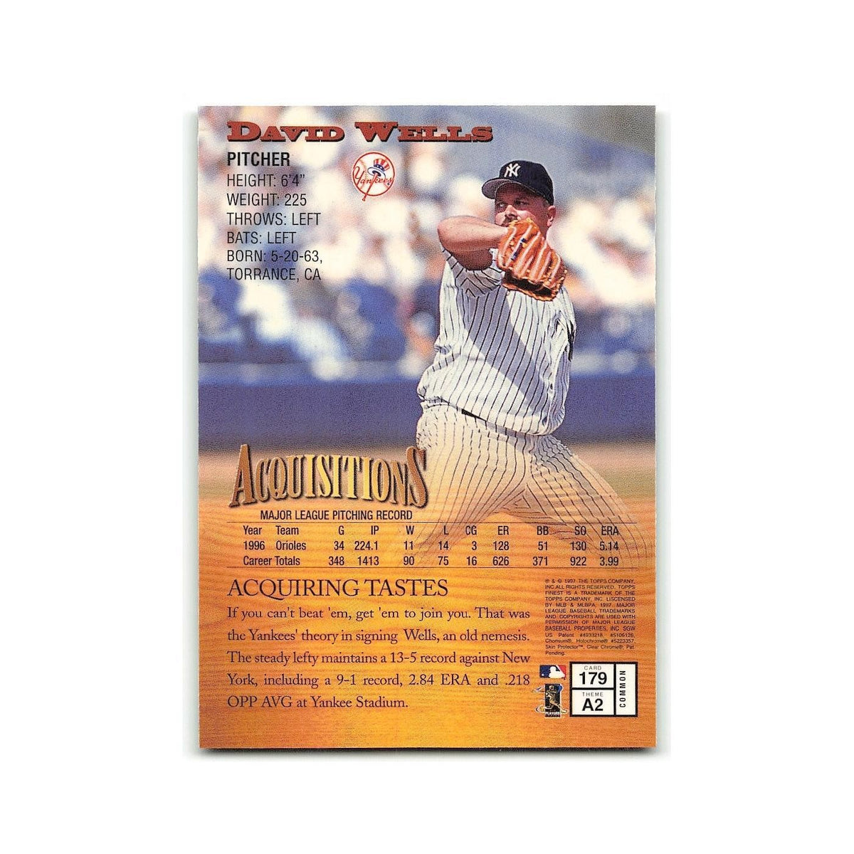 David Wells 1997 Topps Finest w Coating #179 New York Yankees Baseball Card NM