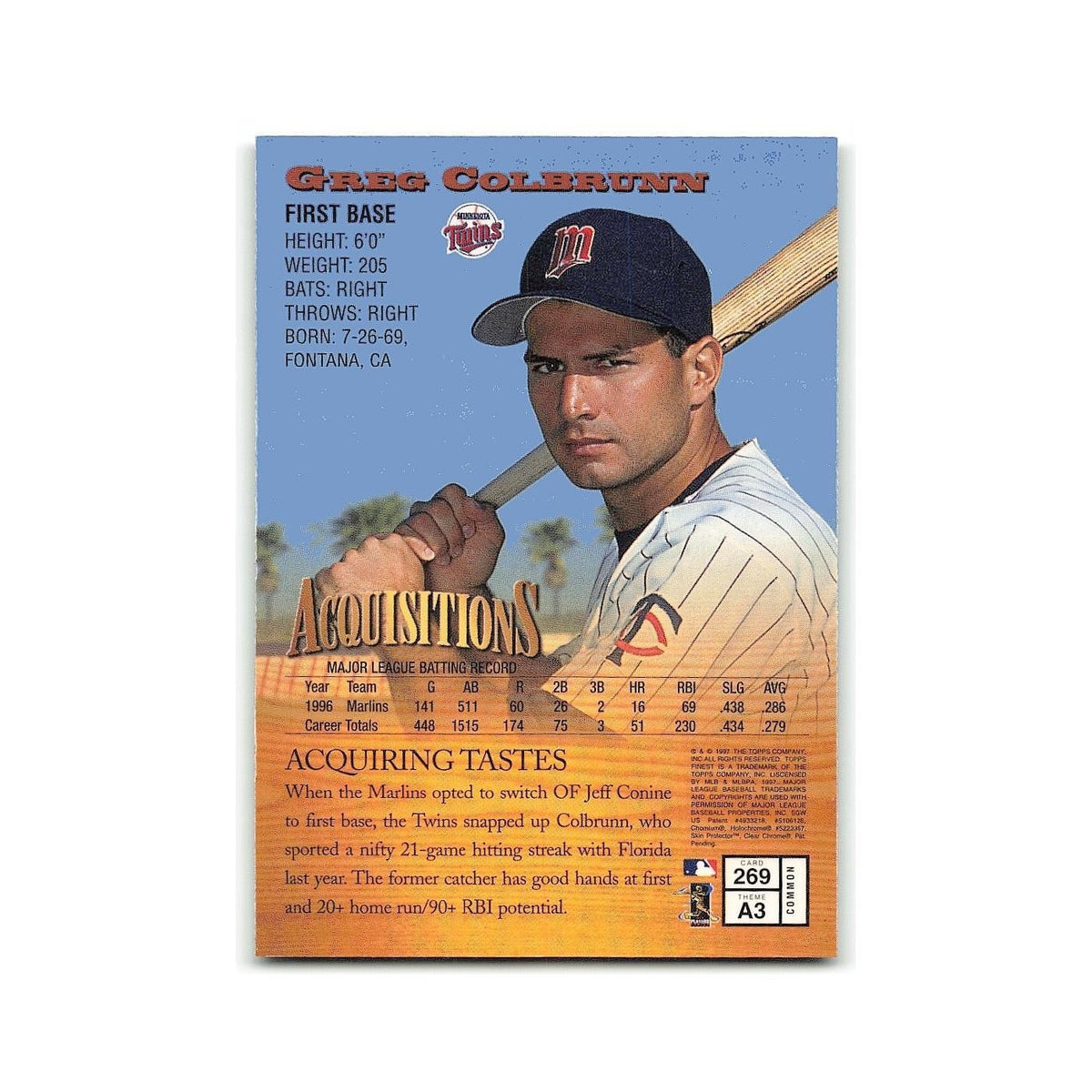 Greg Colbrunn 1997 Topps Finest w Coating #269 Minnesota Twins Baseball Card NM