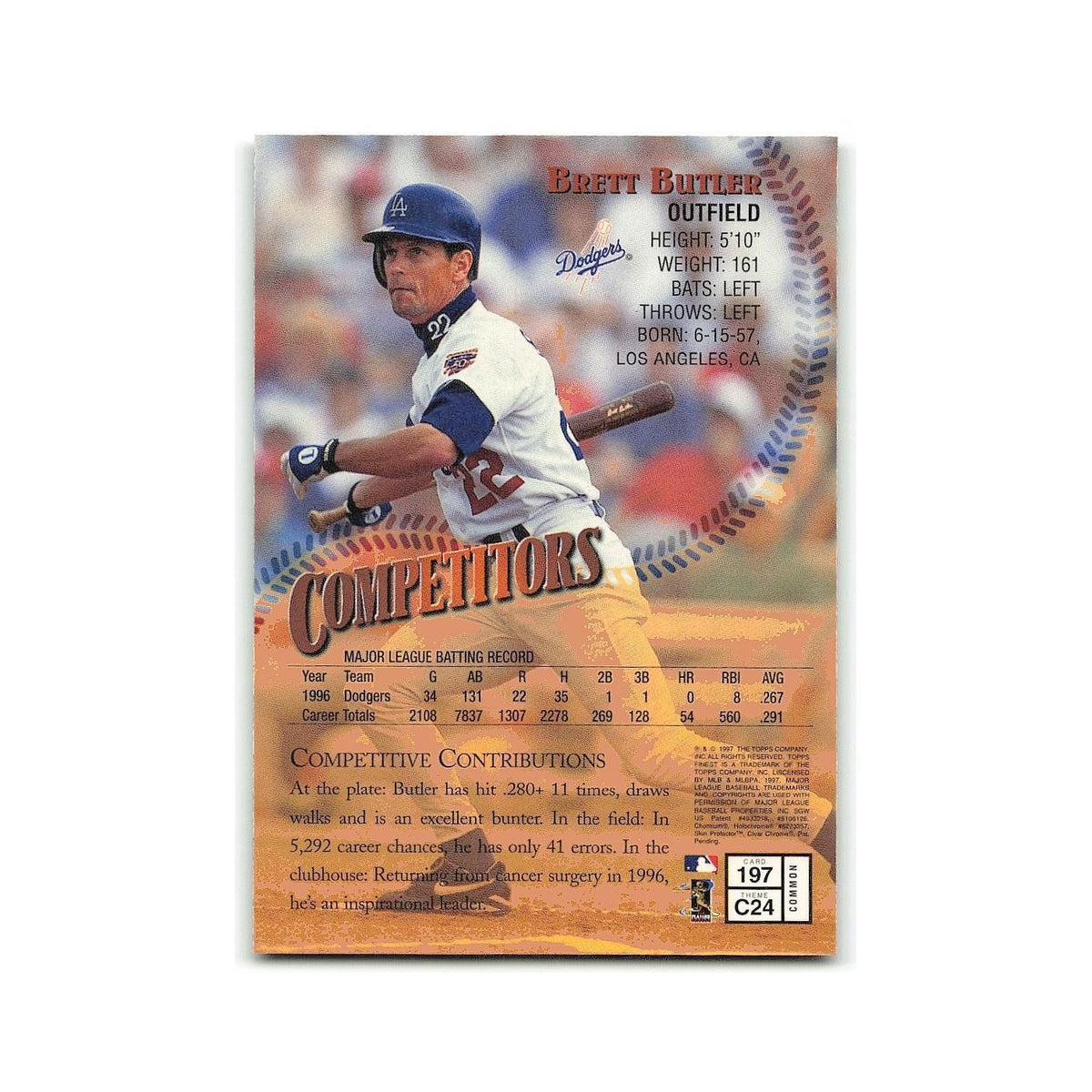 Brett Butler 1997 Topps Finest w Coating #197 Los Angeles Dodgers NM
