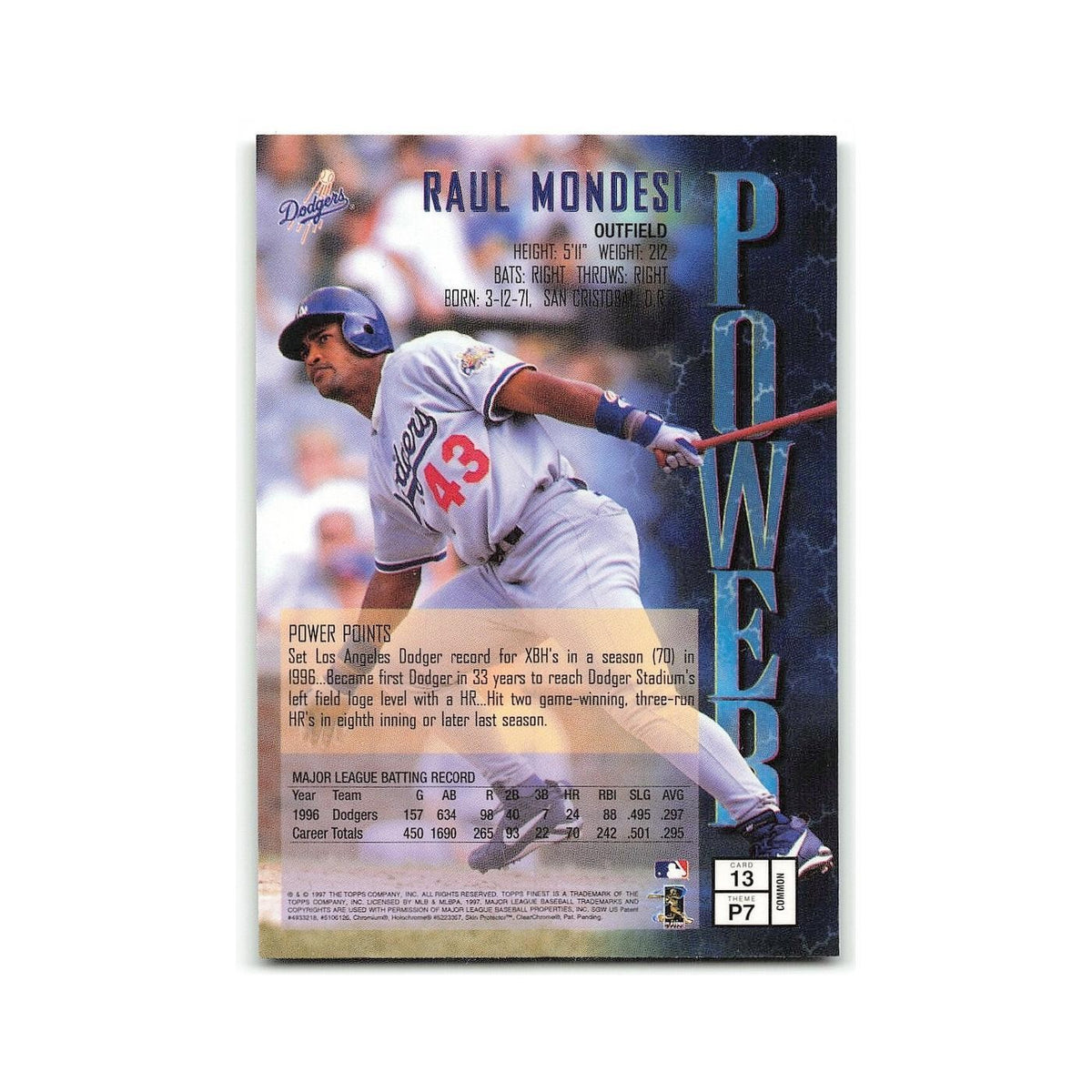 Raul Mondesi 1997 Topps Finest w Coating #13 Los Angeles Dodgers NM