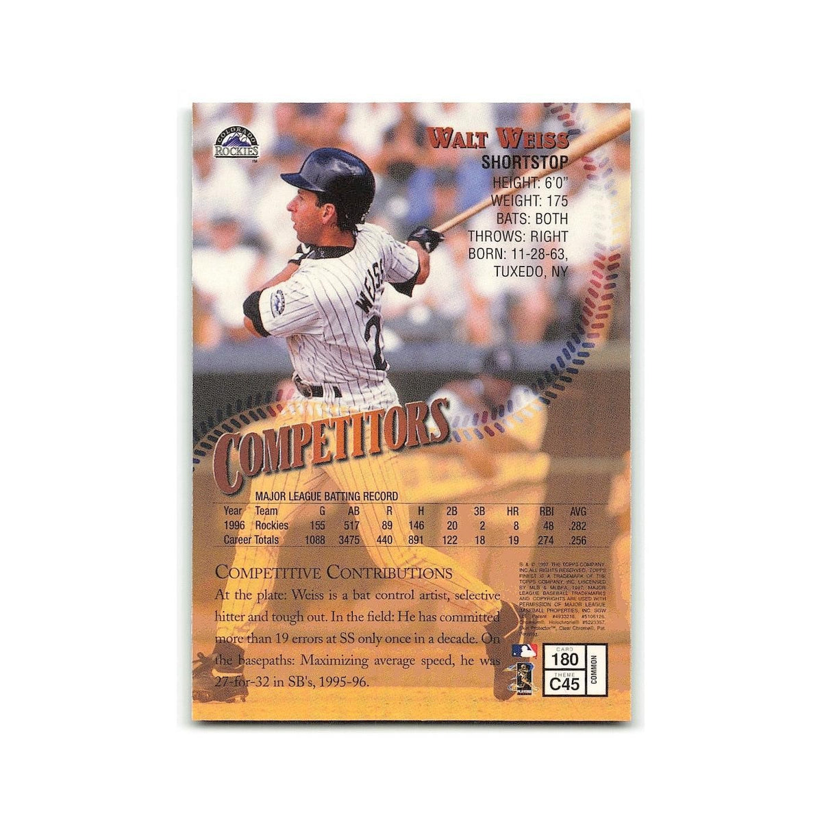 Walt Weiss 1997 Topps Finest w Coating #180 Colorado Rockies Baseball Card NM