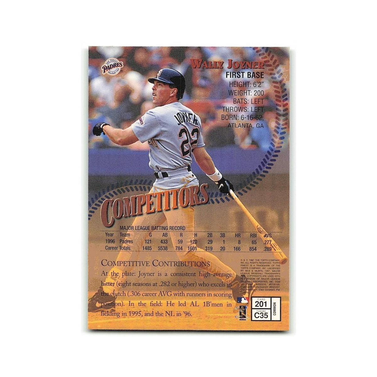 Wally Joyner 1997 Topps Finest w Coating #201 San Diego Padres Baseball Card NM
