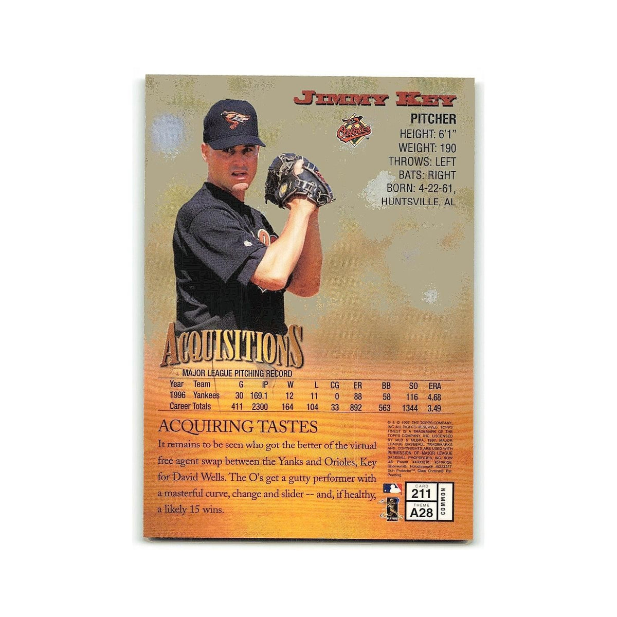 Jimmy Key 1997 Topps Finest w Coating #211 Baltimore Orioles Baseball Card NM