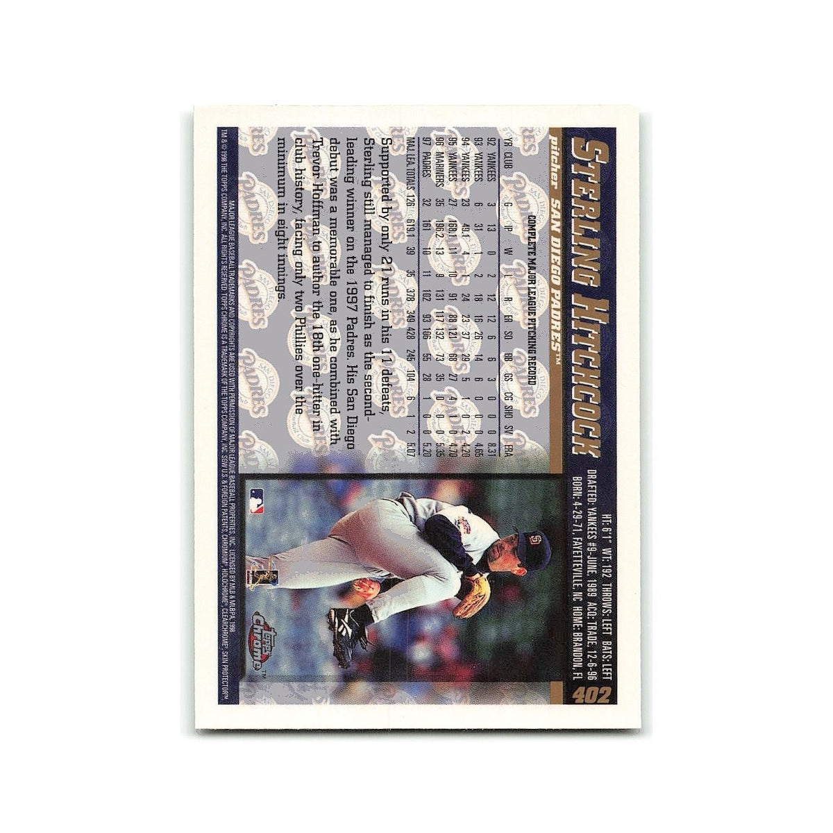 Sterling Hitchcock 1998 Topps Chrome #402 San Diego Padres Baseball Card NM