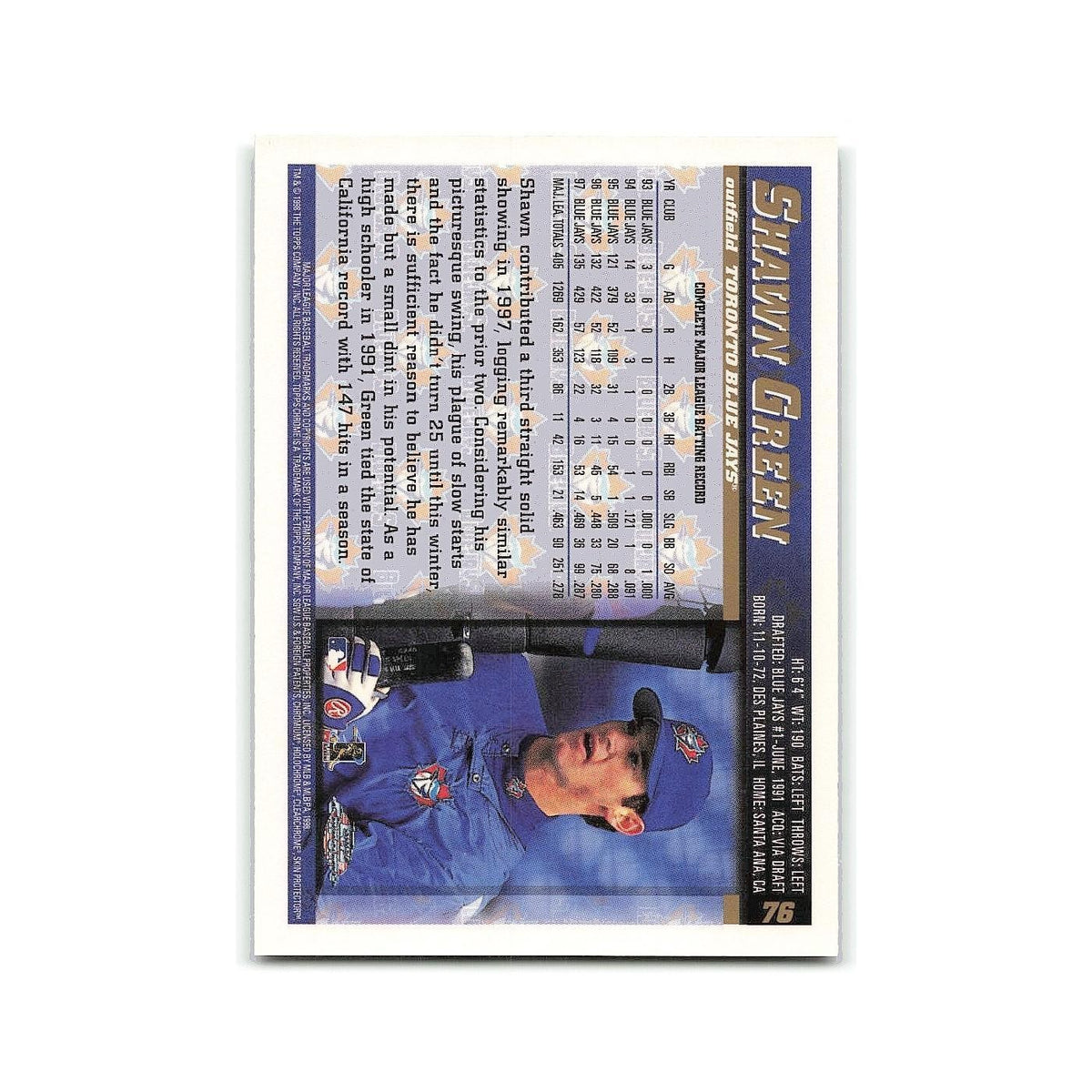 Shawn Green 1998 Topps Chrome #76 Toronto Blue Jays Baseball Card NM