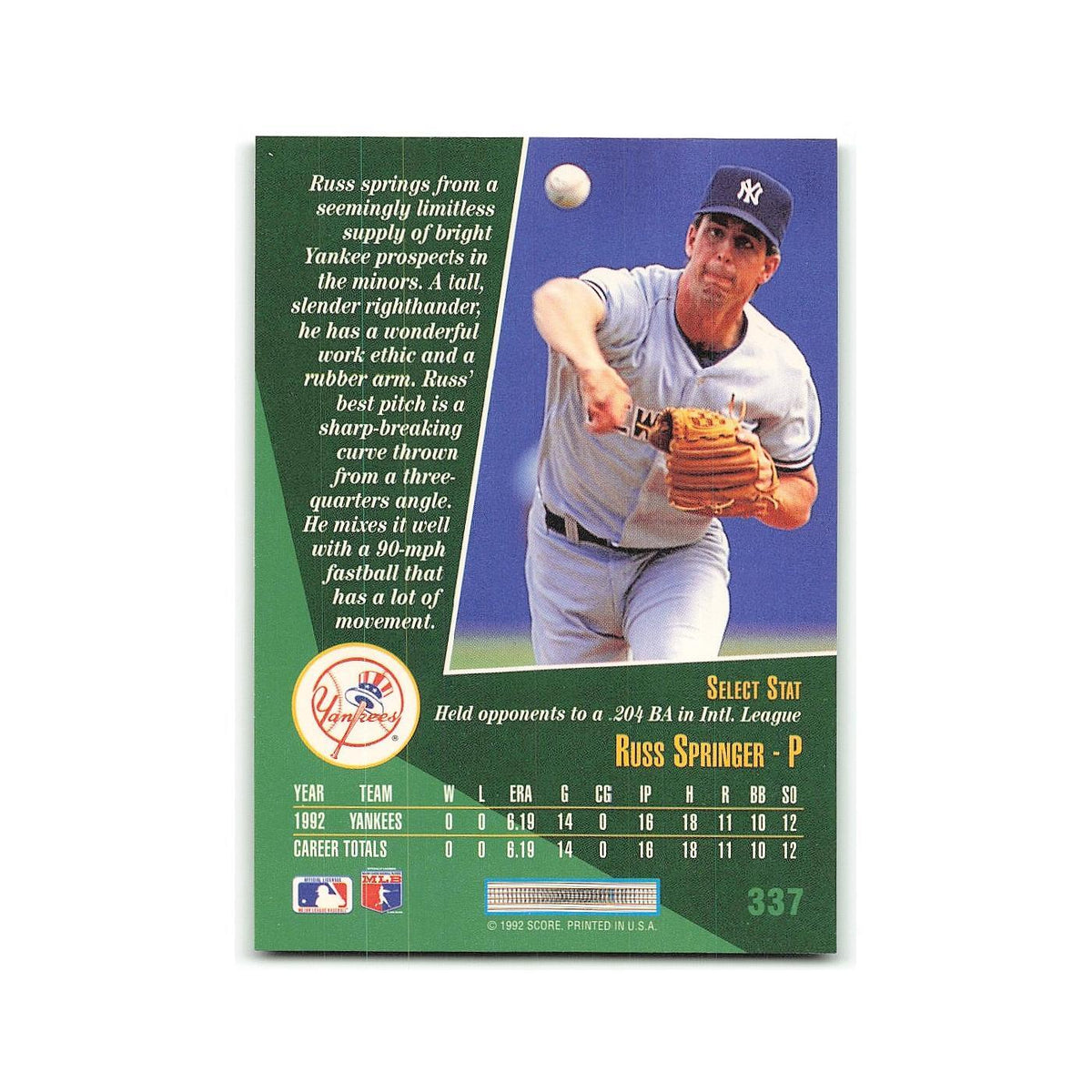 Russ Springer Rookie 1993 Select #337 New York Yankees Baseball Card NM