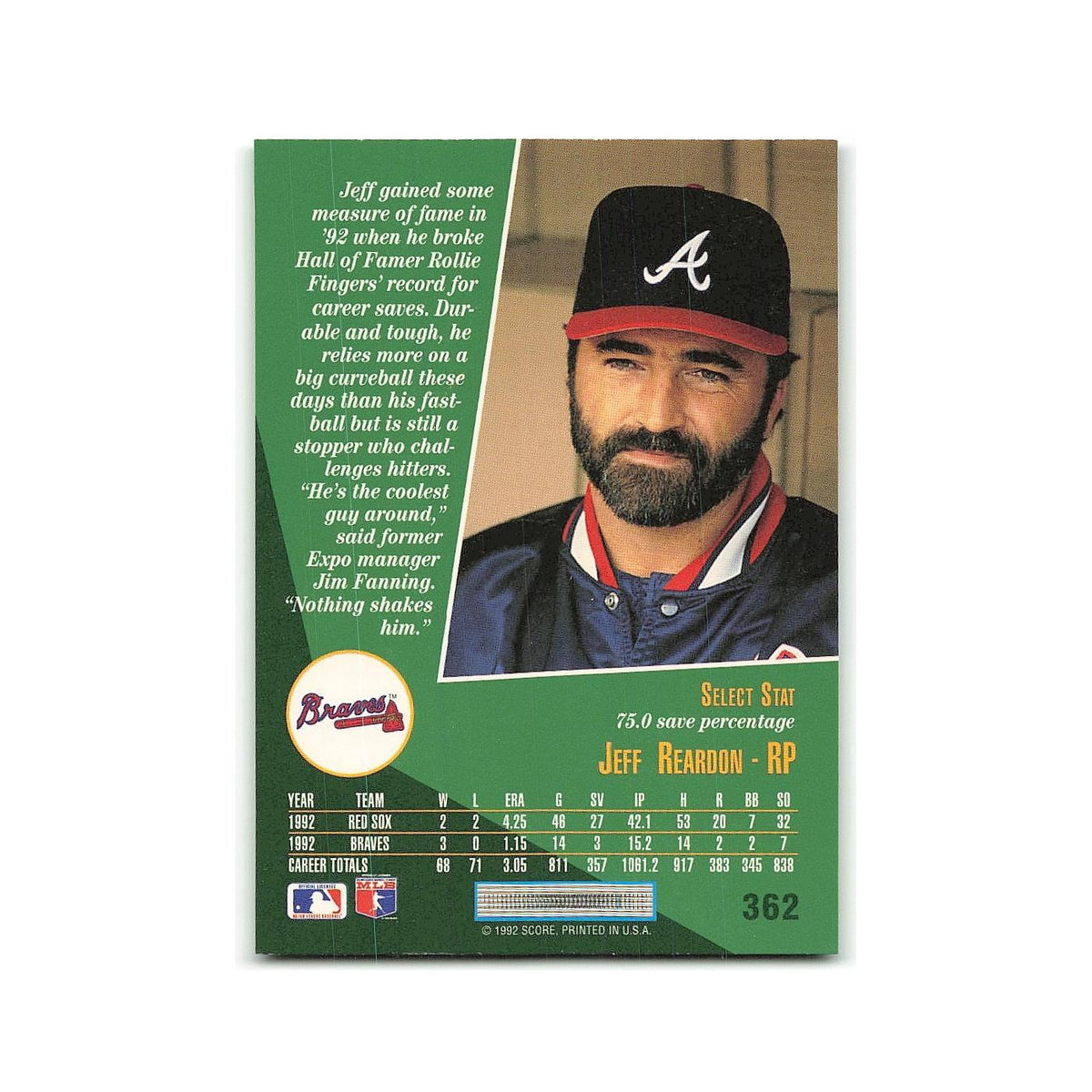 Jeff Reardon 1993 Select #362 Atlanta Braves Baseball Card NM