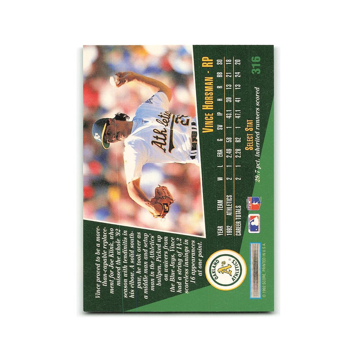 Vince Horsman Rookie 1993 Select #316 Oakland Athletics Baseball Card NM