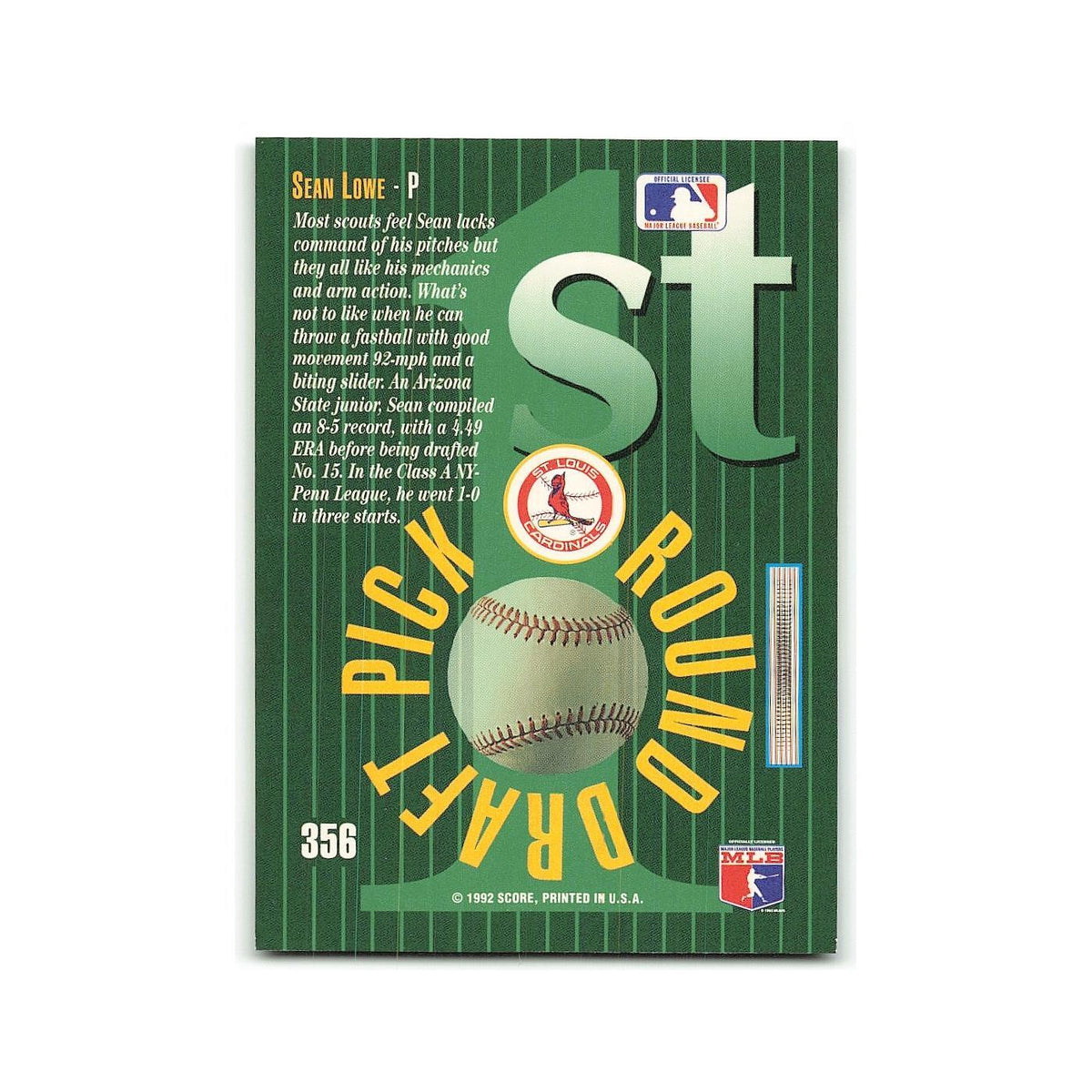 Sean Lowe Rookie 1993 Select #356 St. Louis Cardinals Baseball Card NM