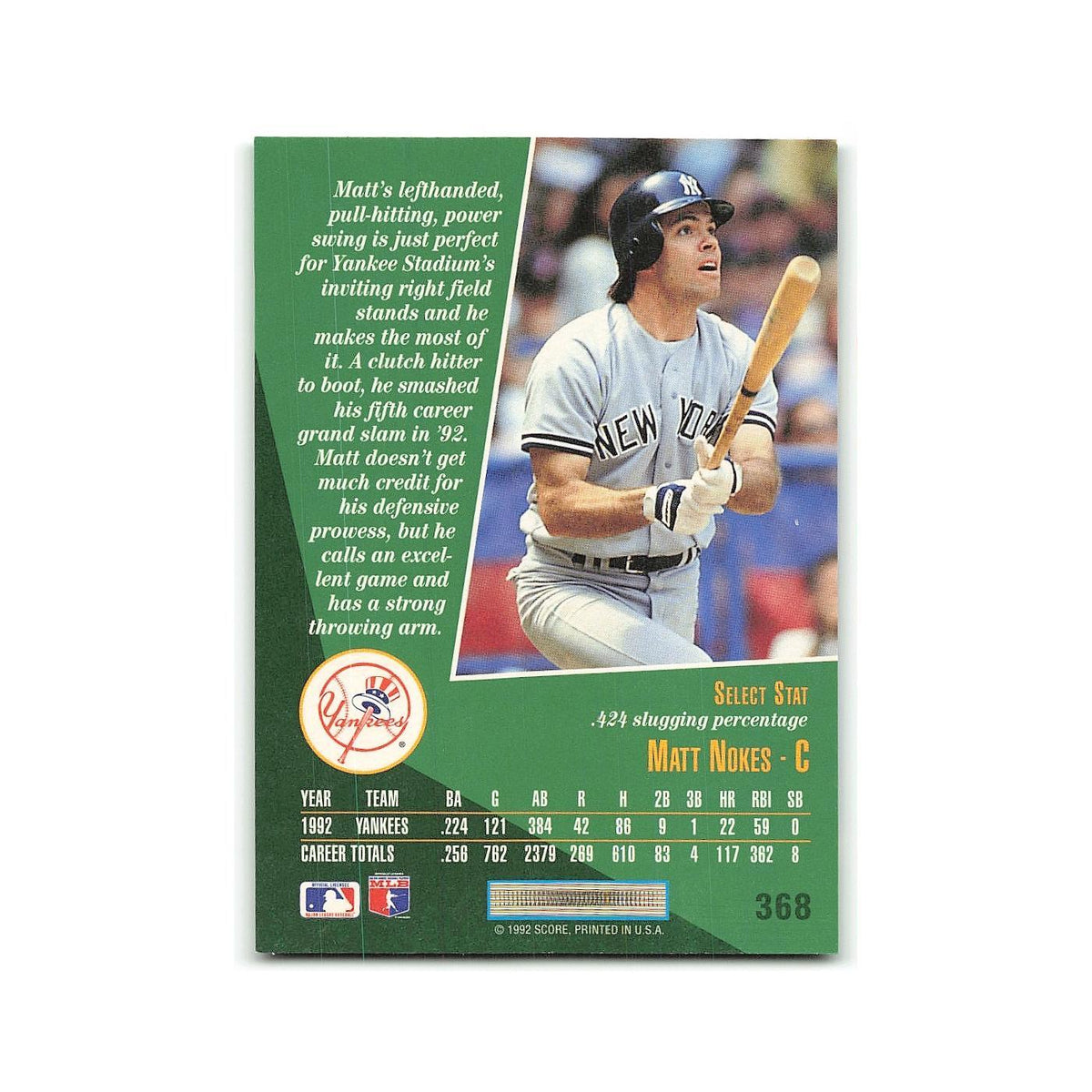 Matt Nokes 1993 Select #368 New York Yankees Baseball Card NM