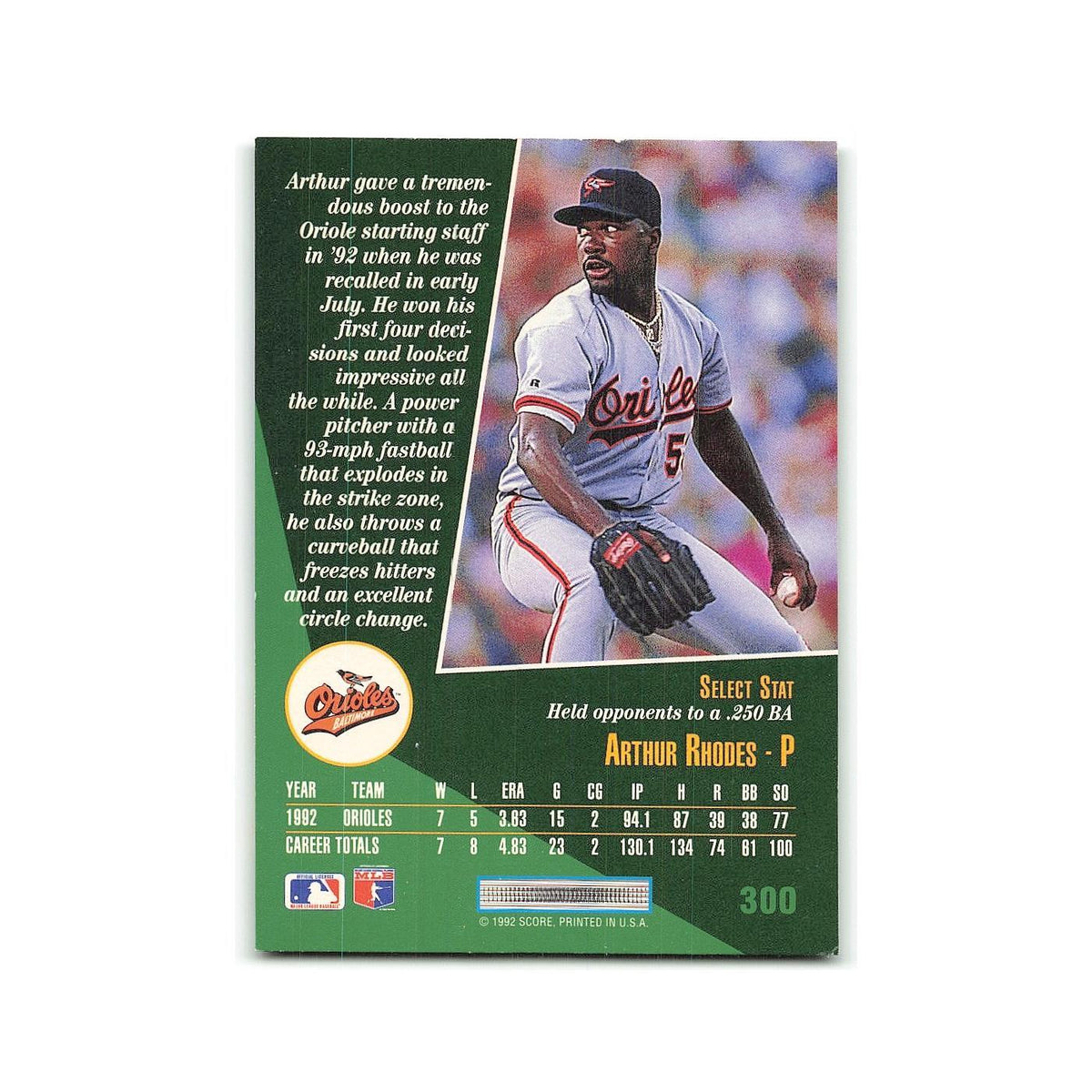 Arthur Rhodes Rookie 1993 Select #300 Baltimore Orioles Baseball Card NM
