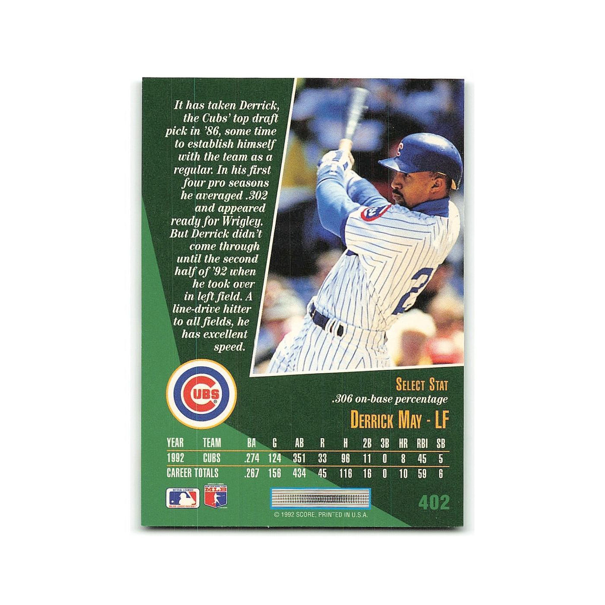 Derrick May Rookie 1993 Select #402 Chicago Cubs Baseball Card NM