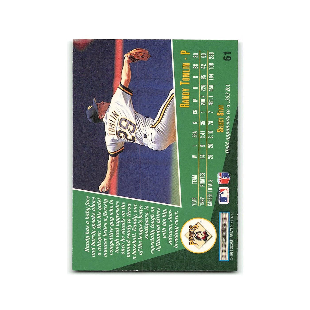 Randy Tomlin 1993 Score Select #61 Pittsburgh Pirates Baseball Card NM