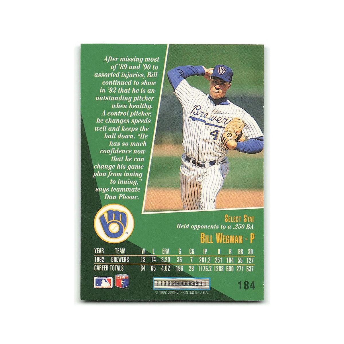 Bill Wegman 1993 Score Select #184 Milwaukee Brewers Baseball Card NM