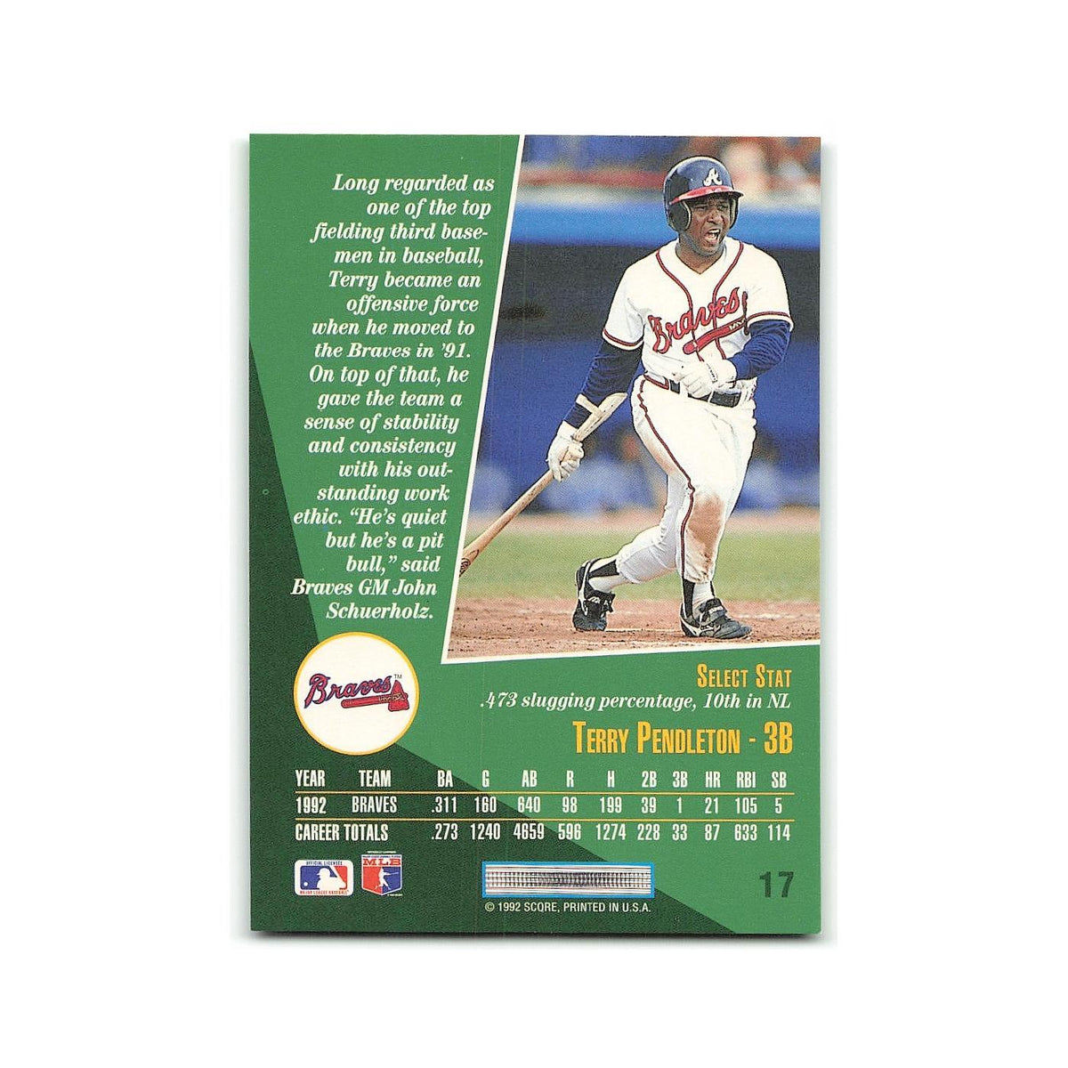 Terry Pendleton 1993 Score Select #17 Atlanta Braves Baseball Card NM