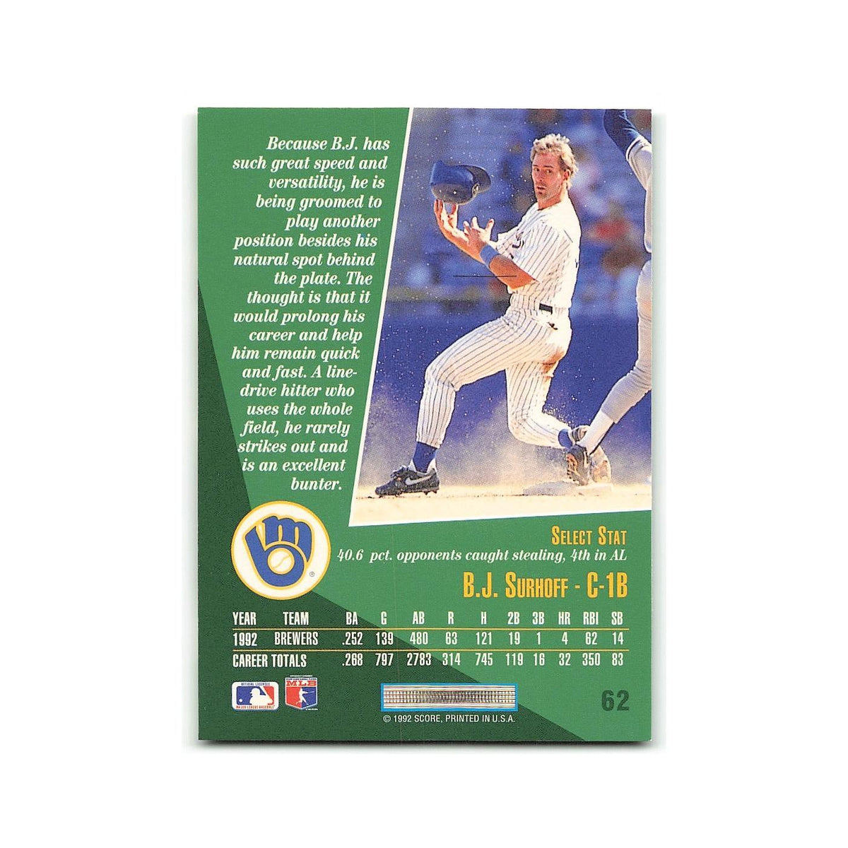 B.J. Surhoff 1993 Score Select #62 Milwaukee Brewers Baseball Card NM