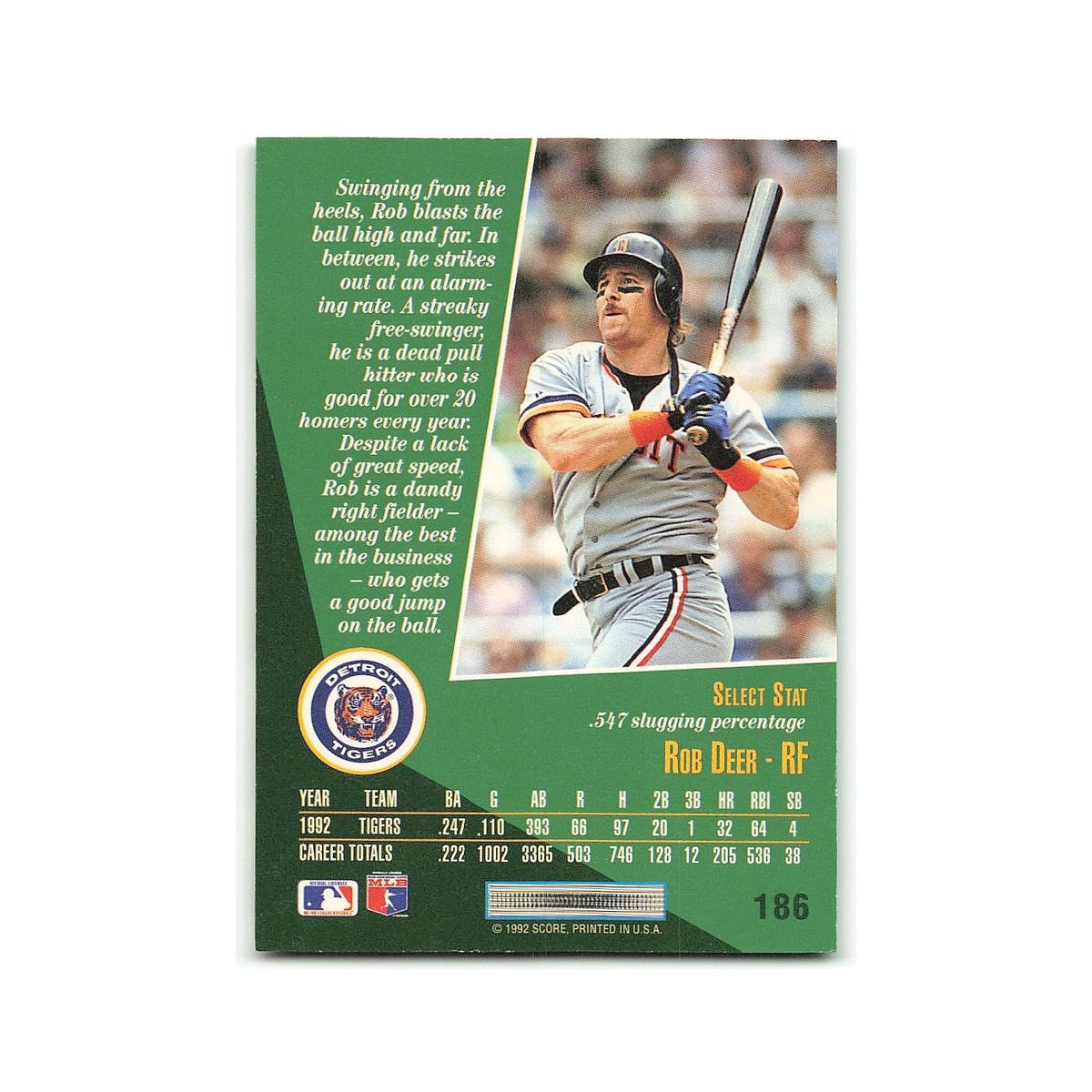 Rob Deer 1993 Score Select #186 Detroit Tigers Baseball Card NM