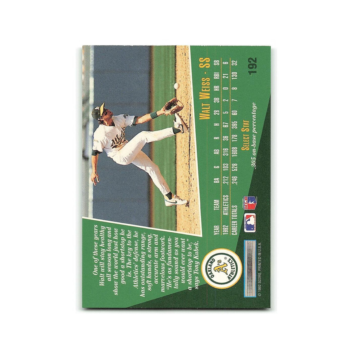 Walt Weiss 1993 Score Select #192 Oakland Athletics Baseball Card NM