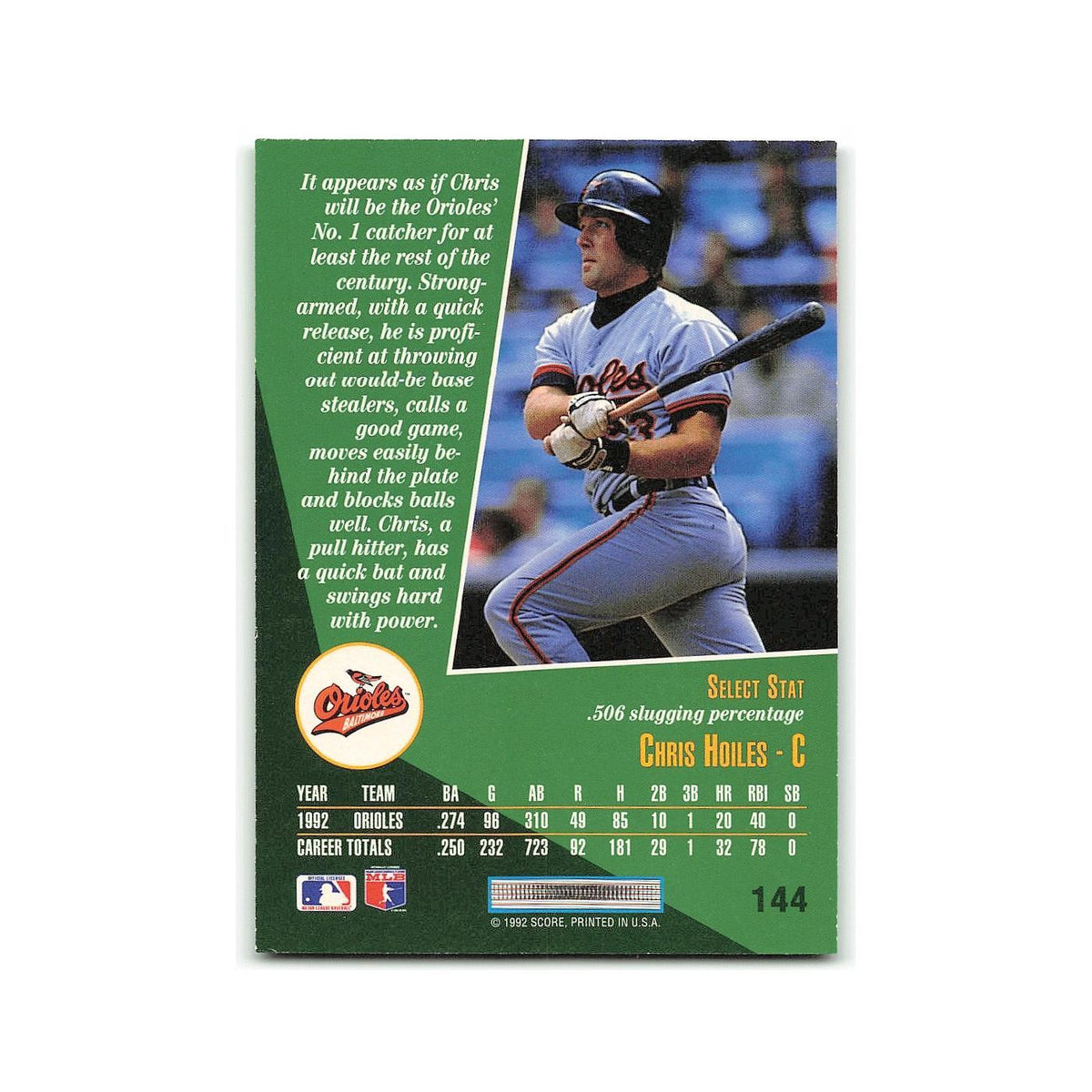 Chris Hoiles 1993 Score Select #144 Baltimore Orioles Baseball Card NM