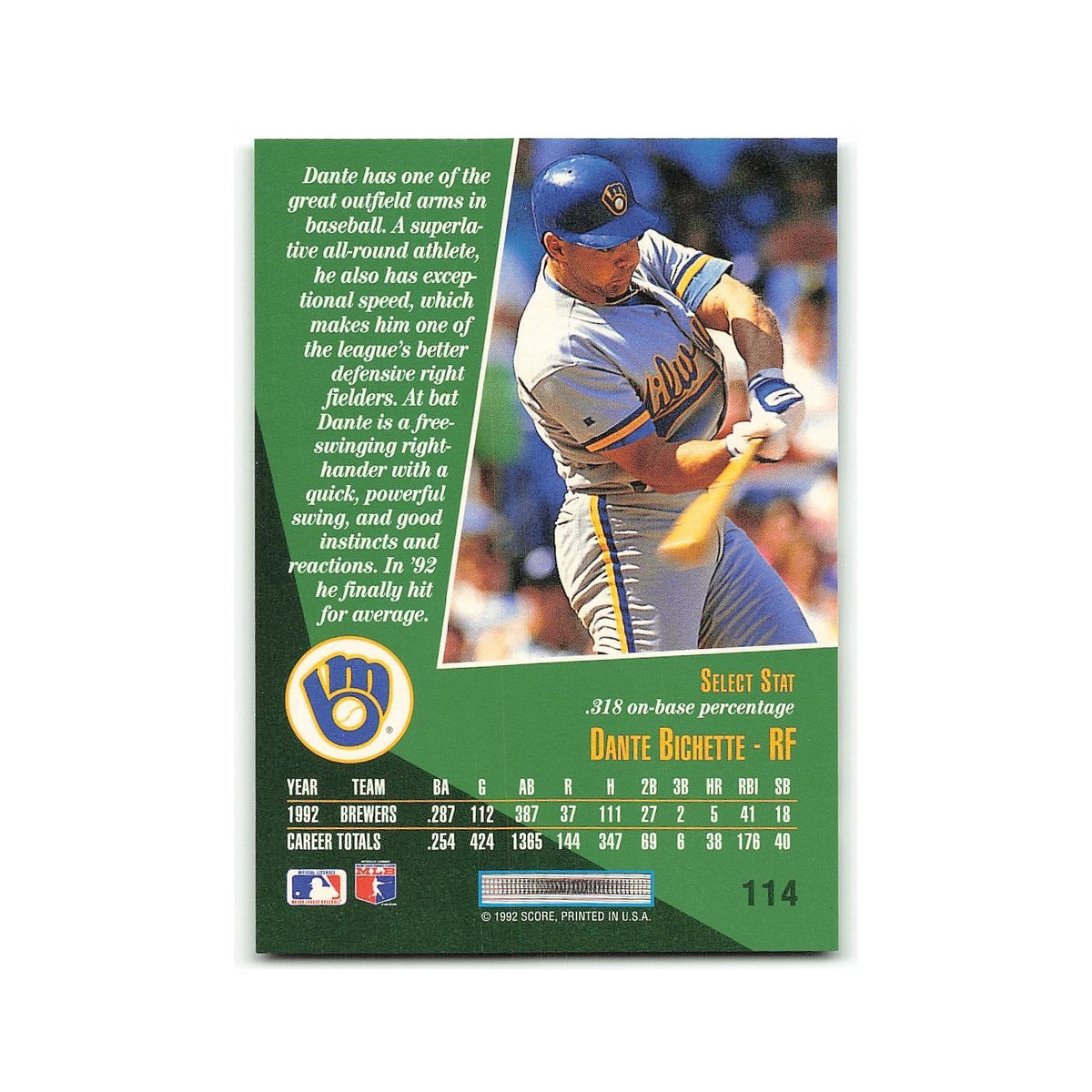 Dante Bichette 1993 Score Select #114 Milwaukee Brewers Baseball Card NM