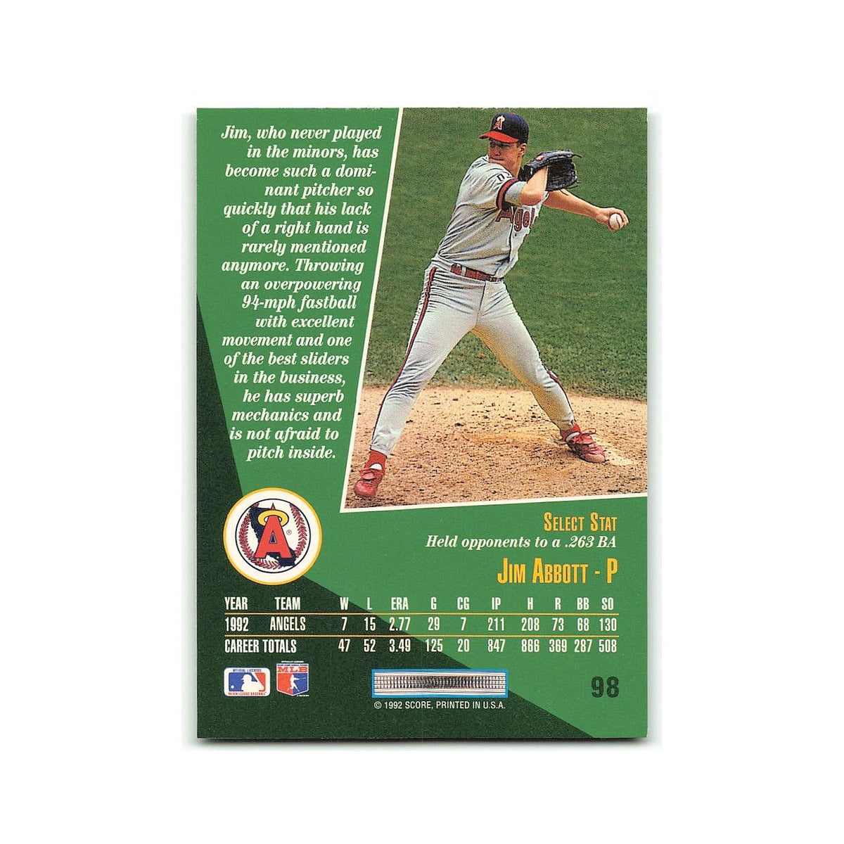 Jim Abbott 1993 Score Select #98 California Angels Baseball Card NM
