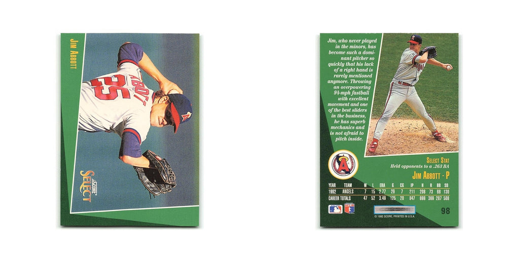 Jim Abbott 1993 Score Select #98 California Angels Baseball Card NM