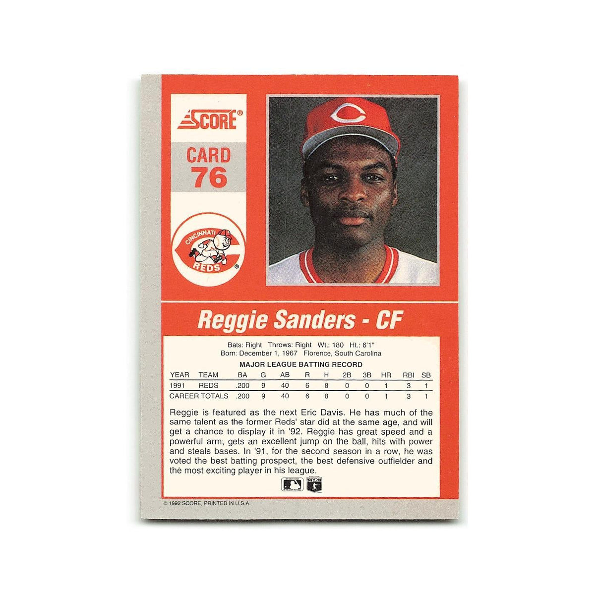 Reggie Sanders 1992 Score Impact Players #76 Cincinnati Reds Baseball Card NM