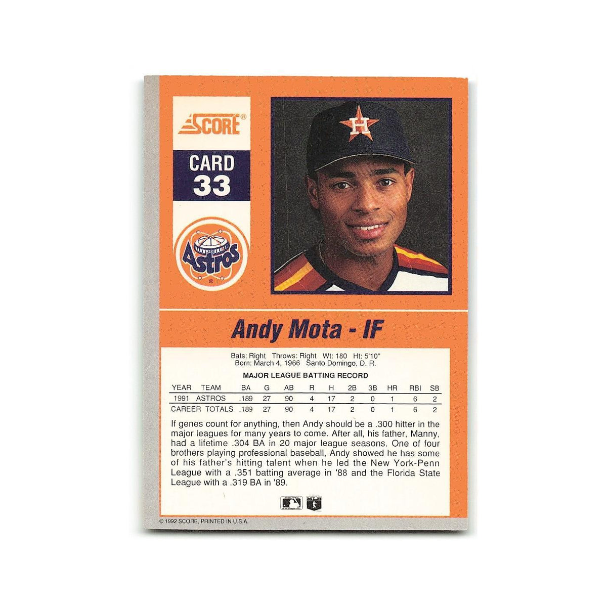 Andy Mota 1992 Score Impact Players #33 Houston Astros Baseball Card NM