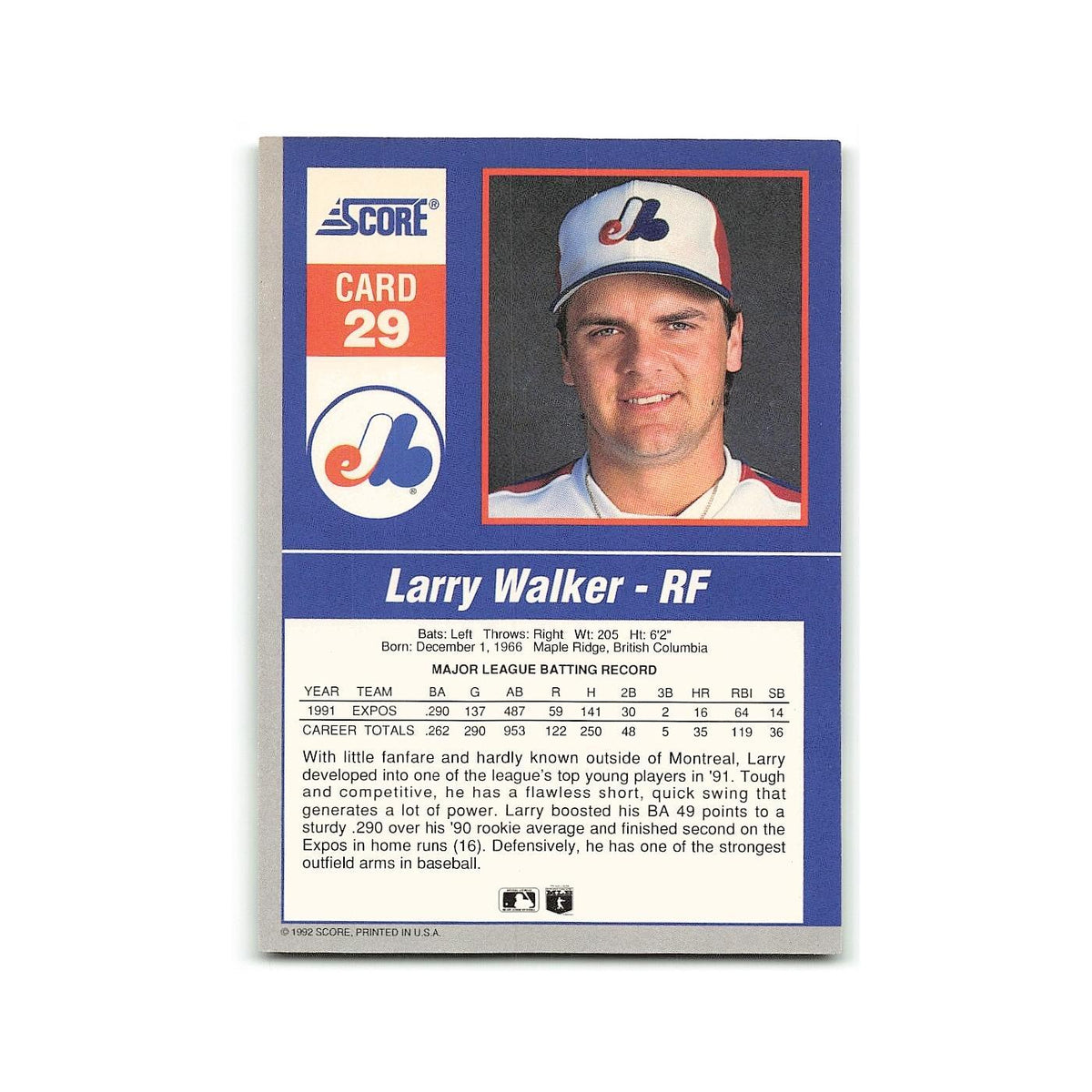 Larry Walker 1992 Score Impact Players #29 Montreal Expos Baseball Card NM