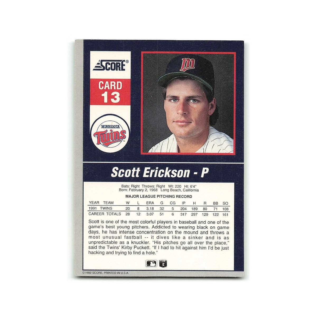 Scott Erickson 1992 Score Impact Players #13 Minnesota Twins Baseball Card NM