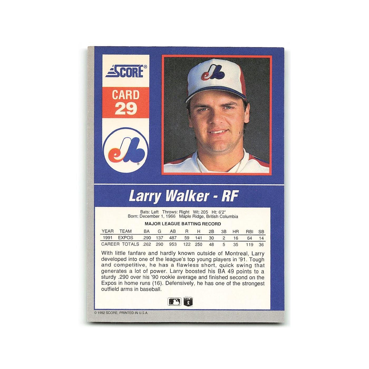 Larry Walker 1992 Score Impact Players #29 Montreal Expos Baseball Card NM