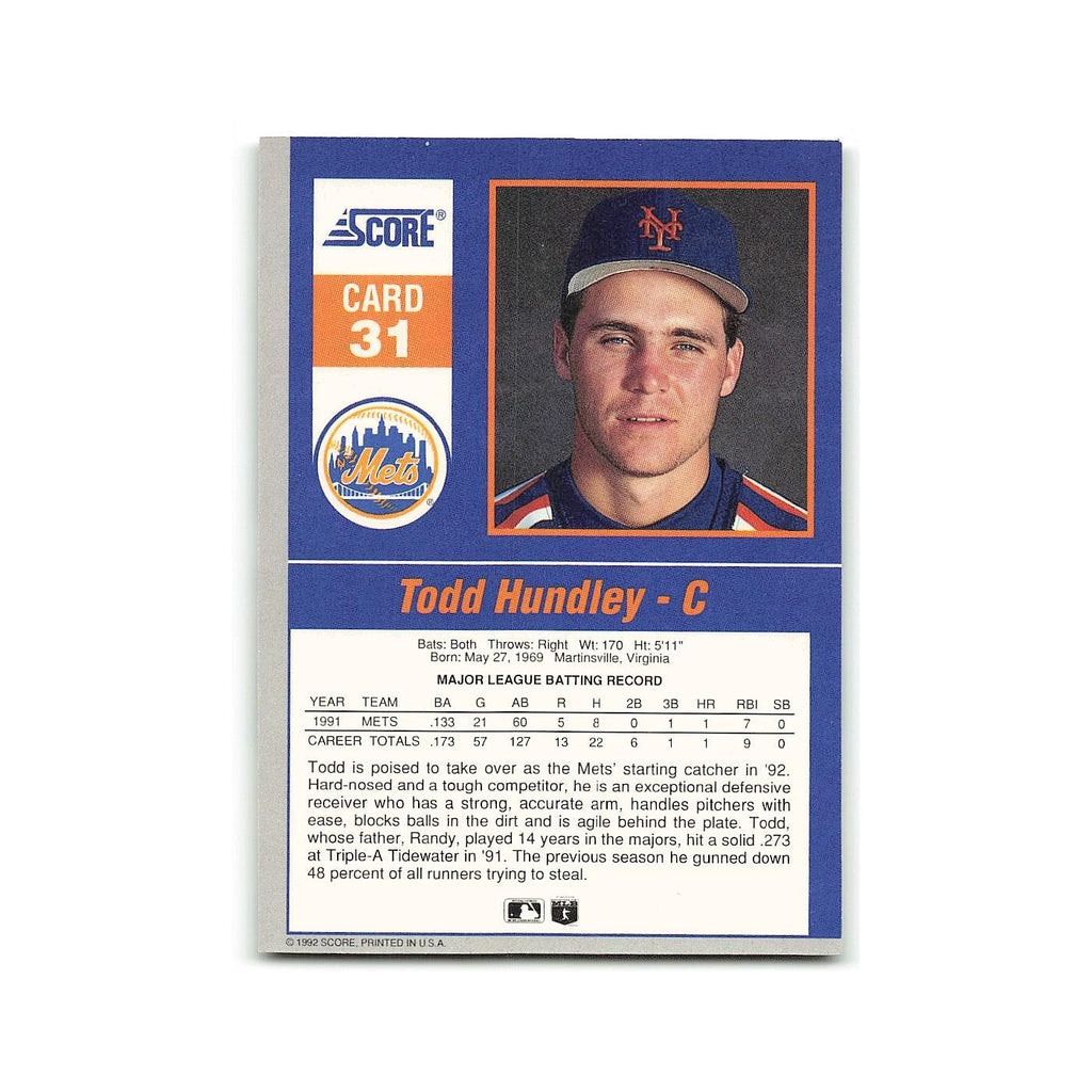 Todd Hundley 1992 Score Impact Players #31 New York Mets Baseball Card NM