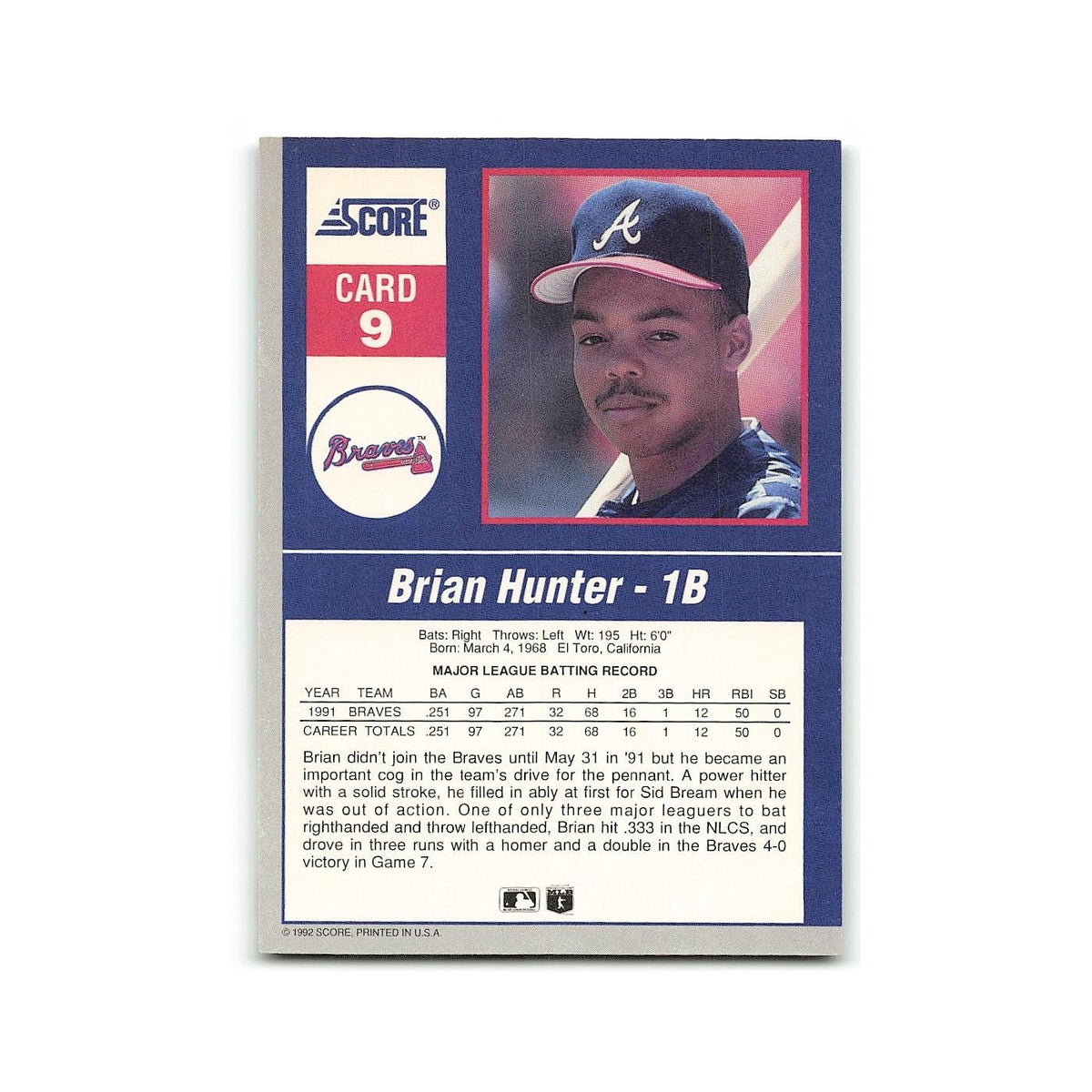 Brian Hunter 1992 Score Impact Players #9 Atlanta Braves Baseball Card NM