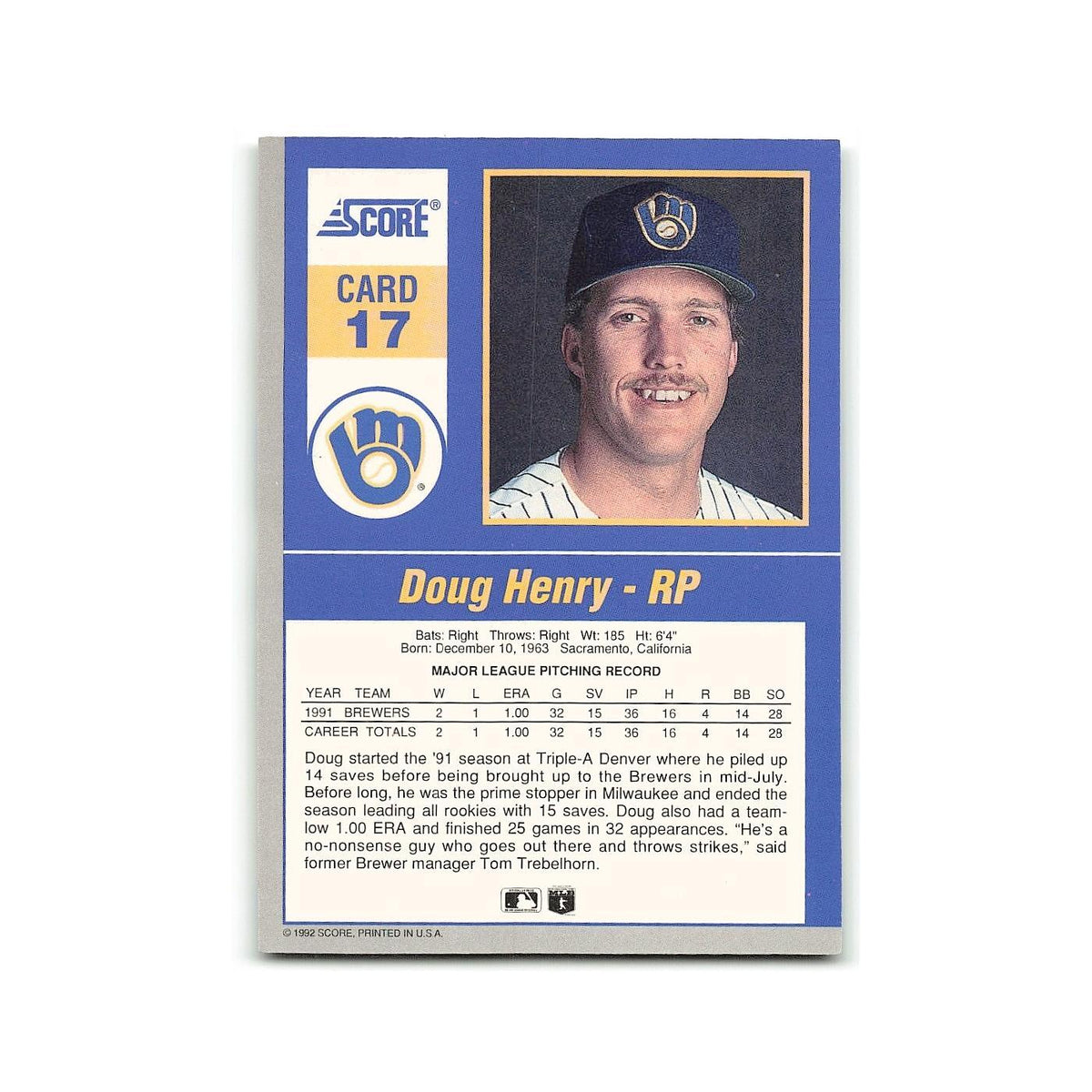 Doug Henry 1992 Score Impact Players #17 Milwaukee Brewers Baseball Card NM