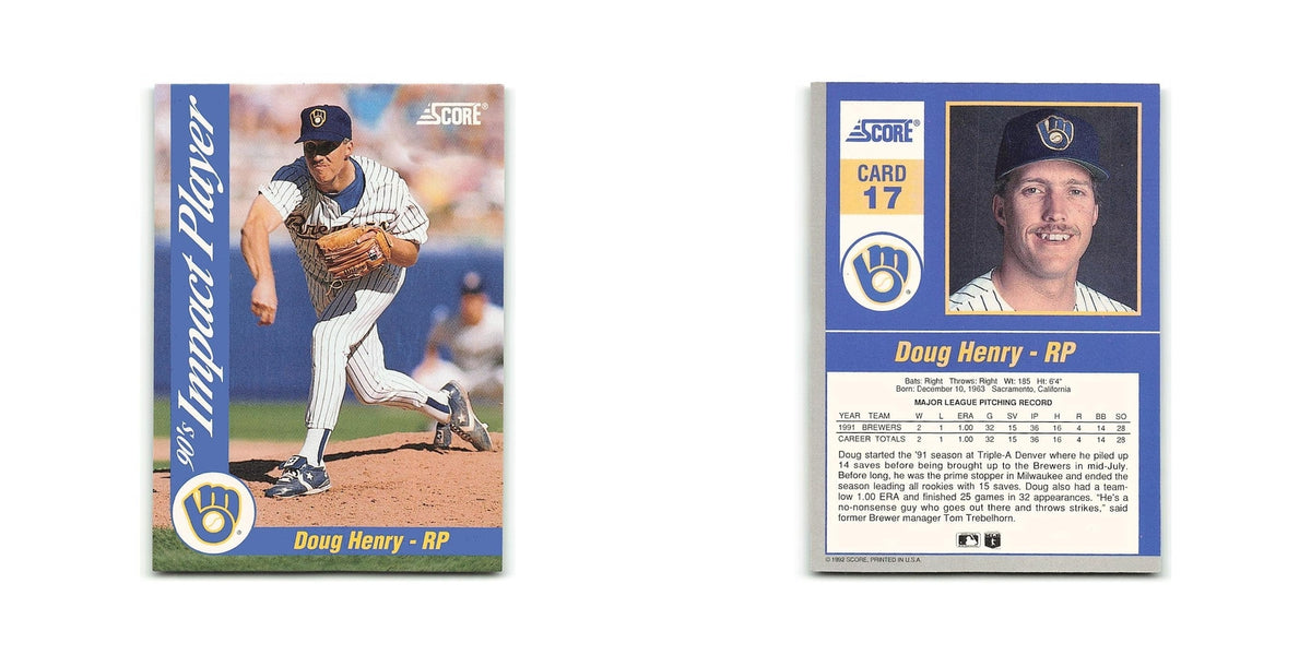 Doug Henry 1992 Score Impact Players #17 Milwaukee Brewers Baseball Card NM