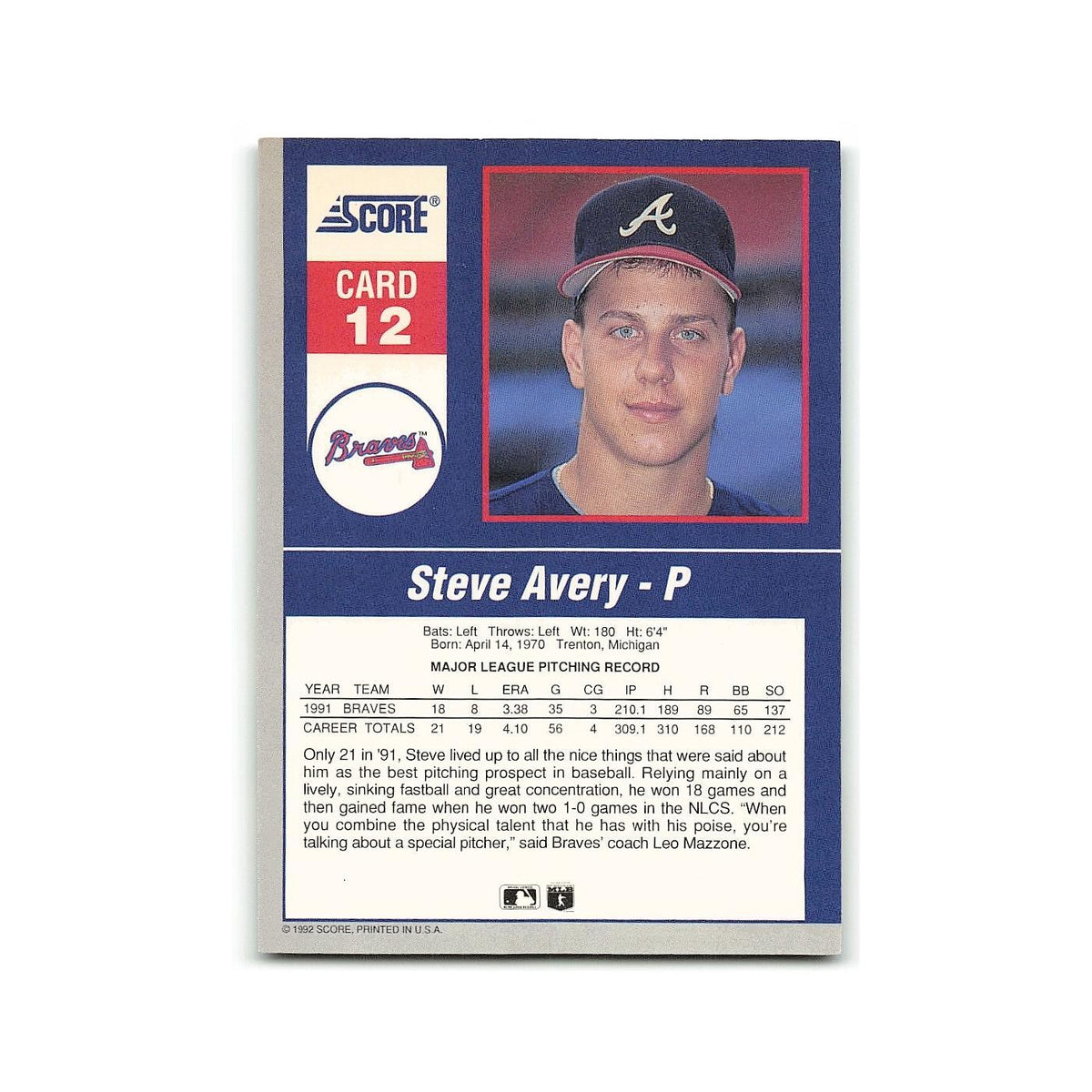Steve Avery 1992 Score Impact Players #12 Atlanta Braves Baseball Card NM