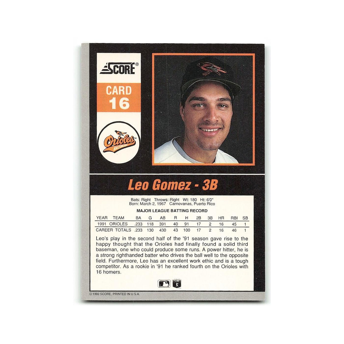 Leo Gomez 1992 Score Impact Players #16 Baltimore Orioles Baseball Card NM