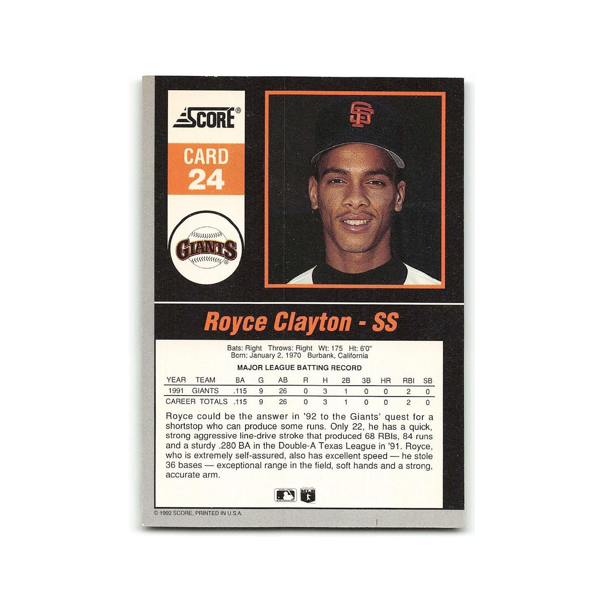 Royce Clayton 1992 Score Impact Players #24 San Francisco Giants NM